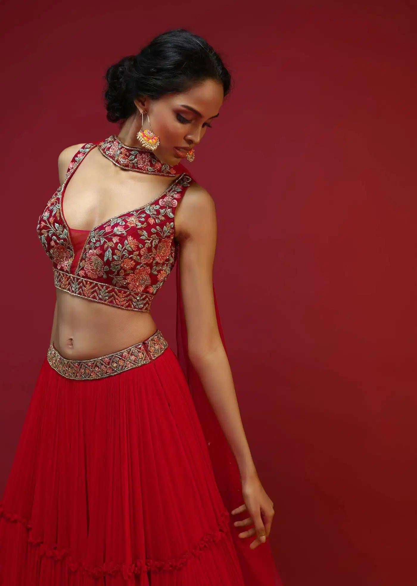 Cherry Red Gathered Lehenga Skirt Blouse Featuring Hand Handcrafted Multi Colored Resham Sequins Work In Floral Jaal Design