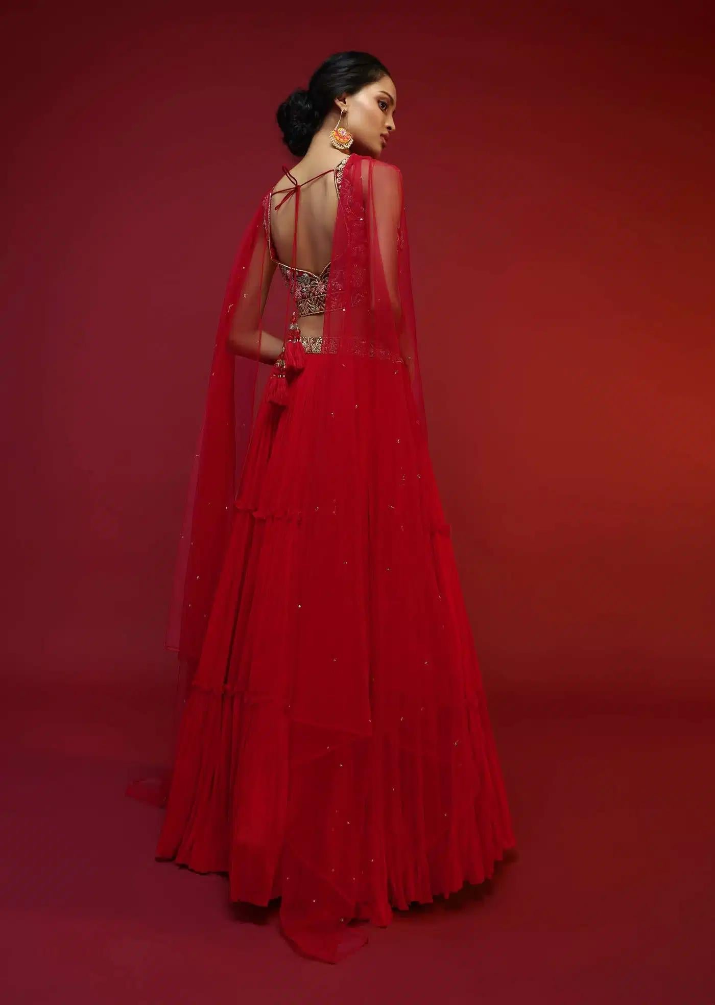 Cherry Red Gathered Lehenga Skirt Blouse Featuring Hand Handcrafted Multi Colored Resham Sequins Work In Floral Jaal Design