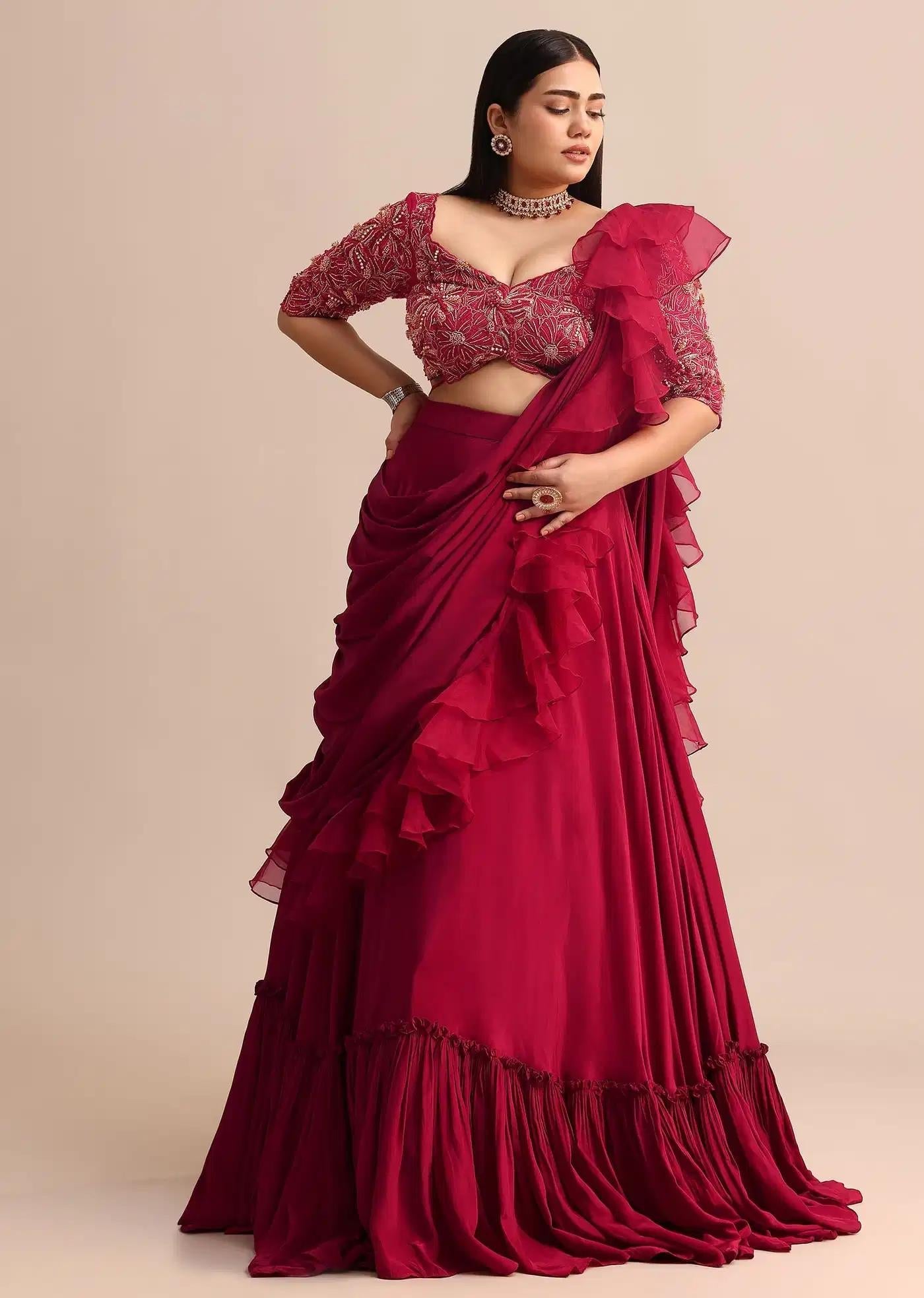 Cherry Red Lehenga Skirt Featuring Ruffle Drape