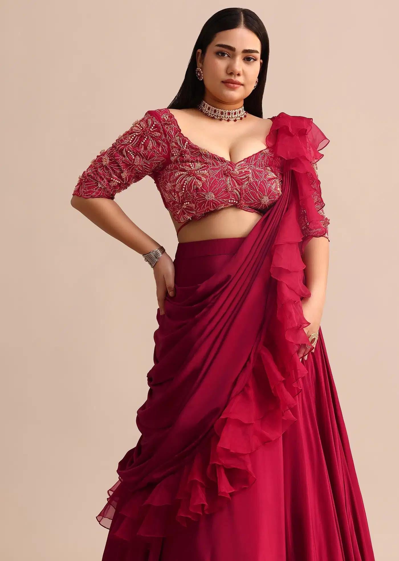 Cherry Red Lehenga Skirt Featuring Ruffle Drape