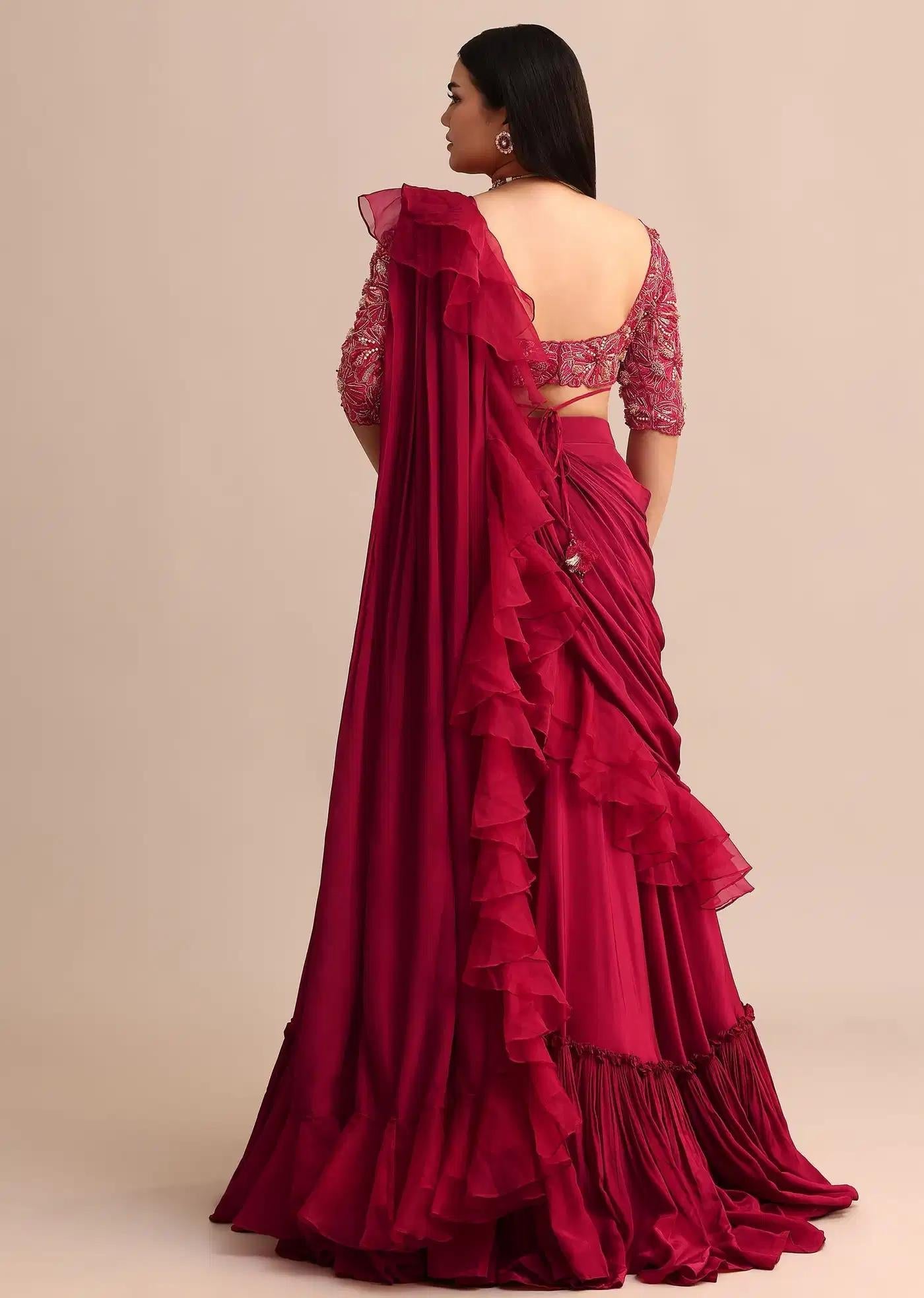 Cherry Red Lehenga Skirt Featuring Ruffle Drape
