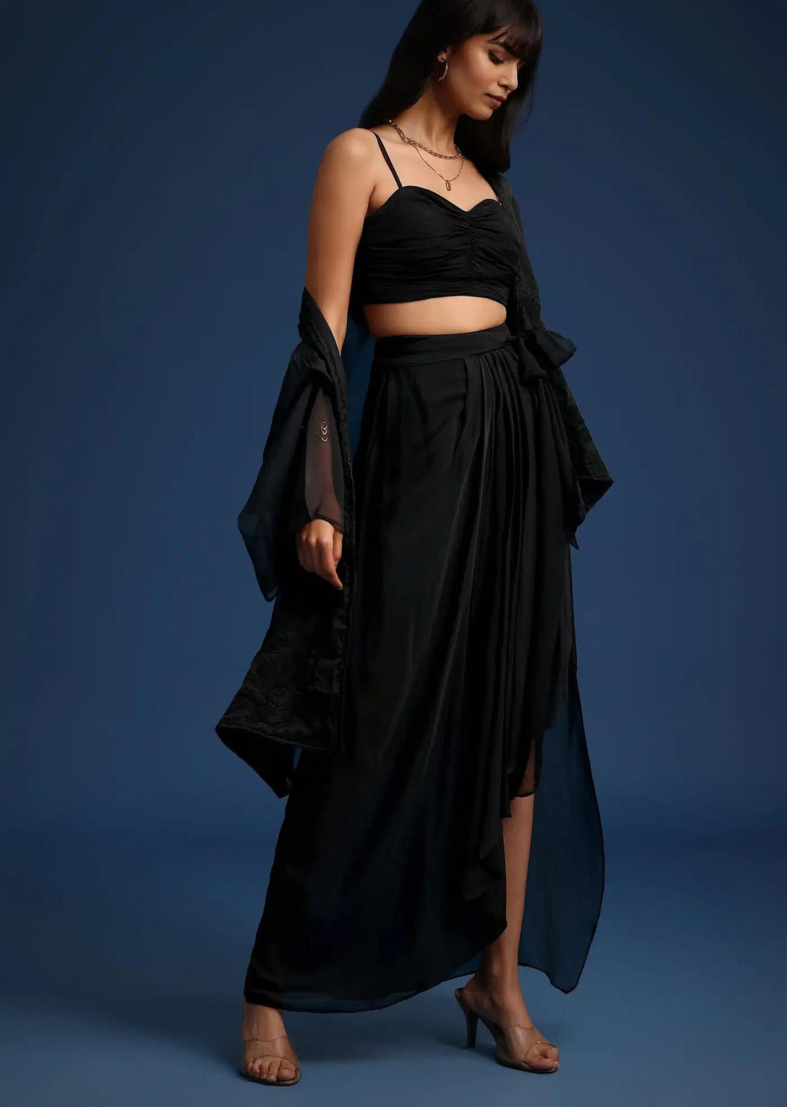 Chiffon Asymmetrical Black Skirt Set With Longline Jacket