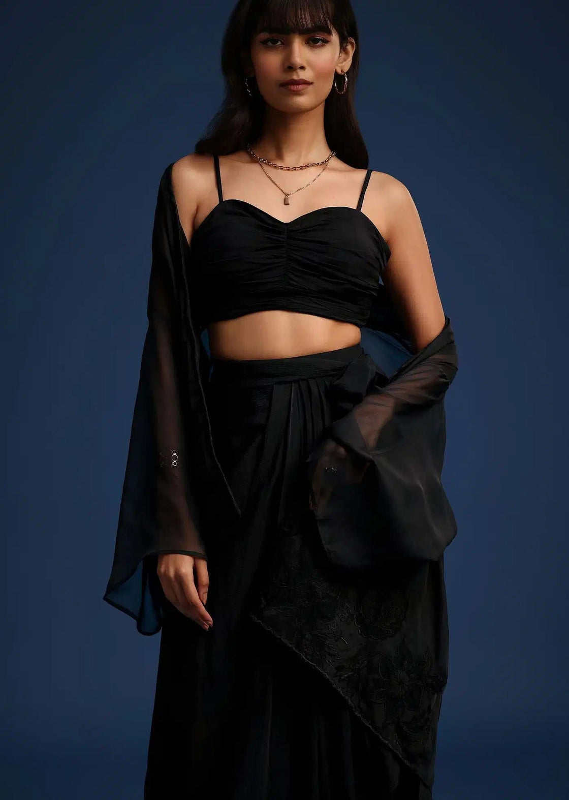 Chiffon Asymmetrical Black Skirt Set With Longline Jacket