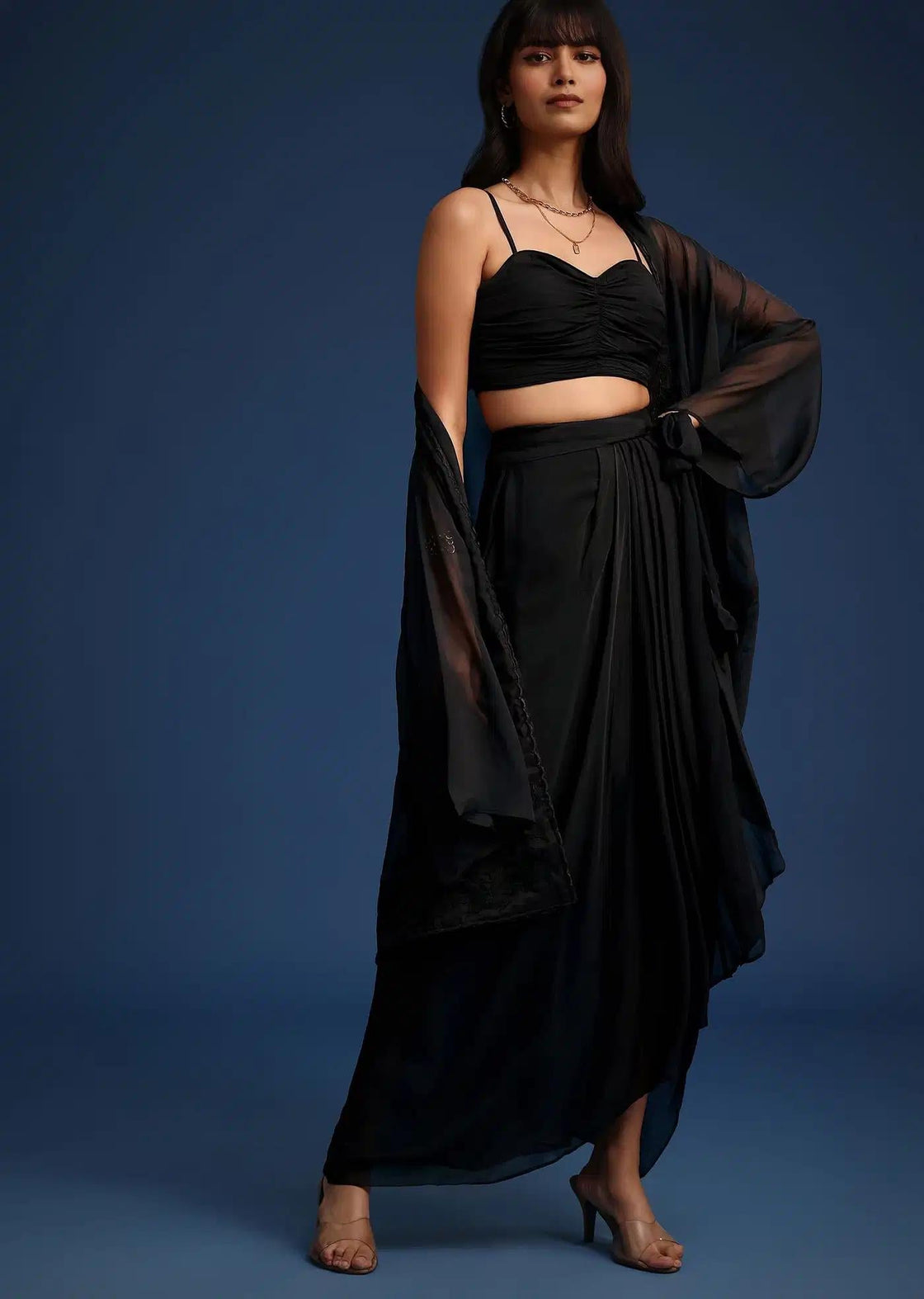 Chiffon Asymmetrical Black Skirt Set With Longline Jacket