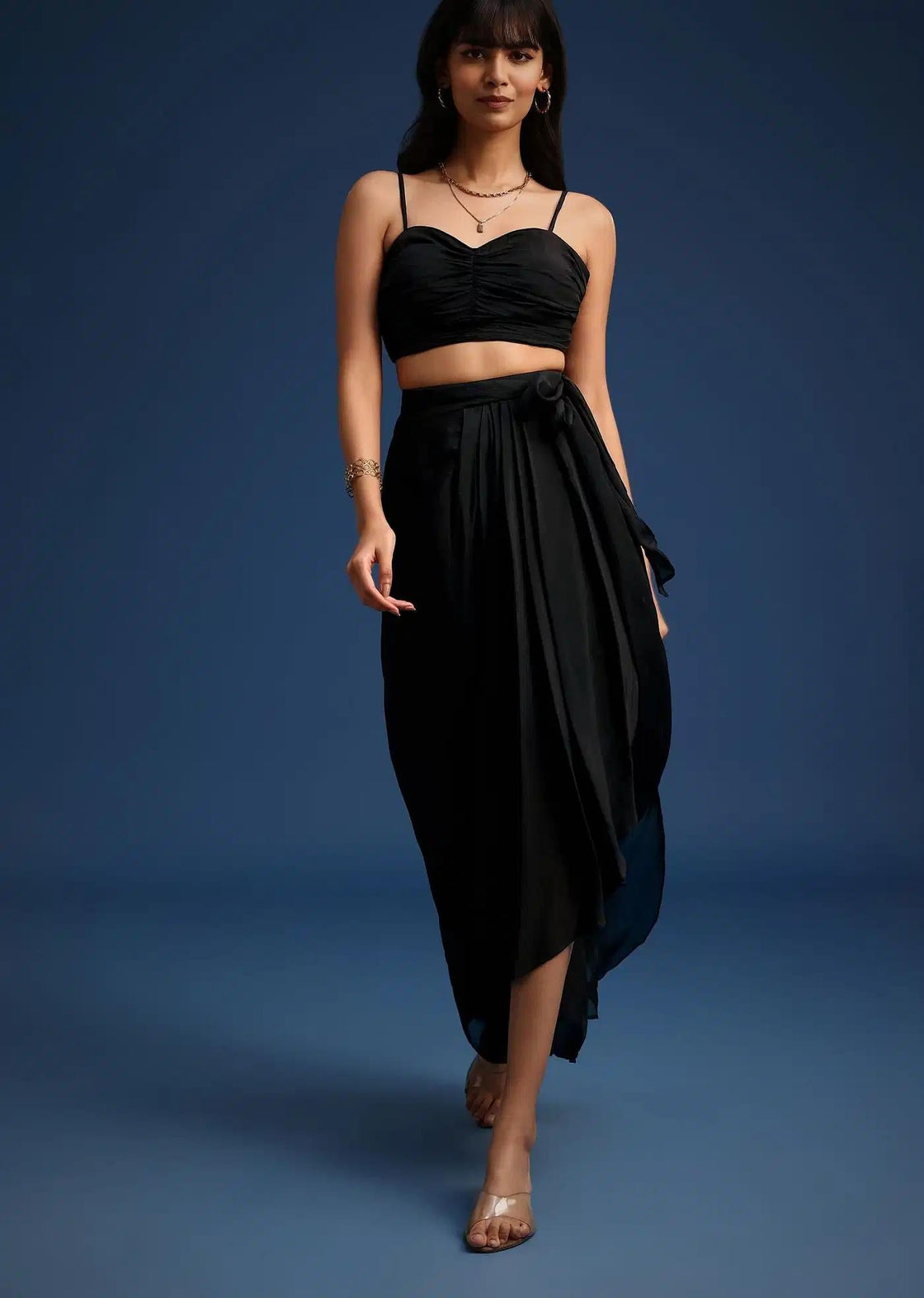Chiffon Asymmetrical Black Skirt Set With Longline Jacket