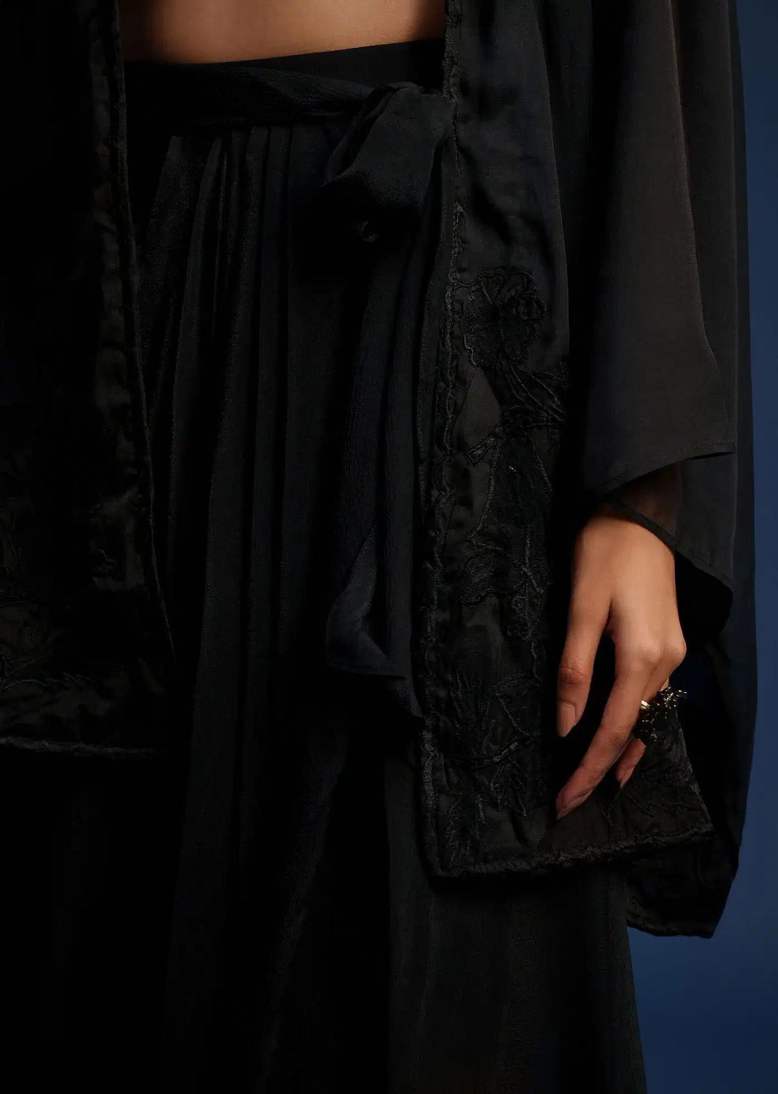 Chiffon Asymmetrical Black Skirt Set With Longline Jacket