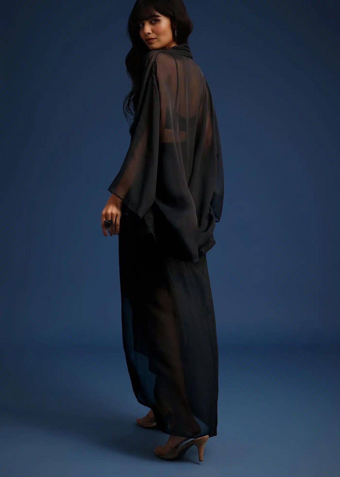 Chiffon Asymmetrical Black Skirt Set With Longline Jacket