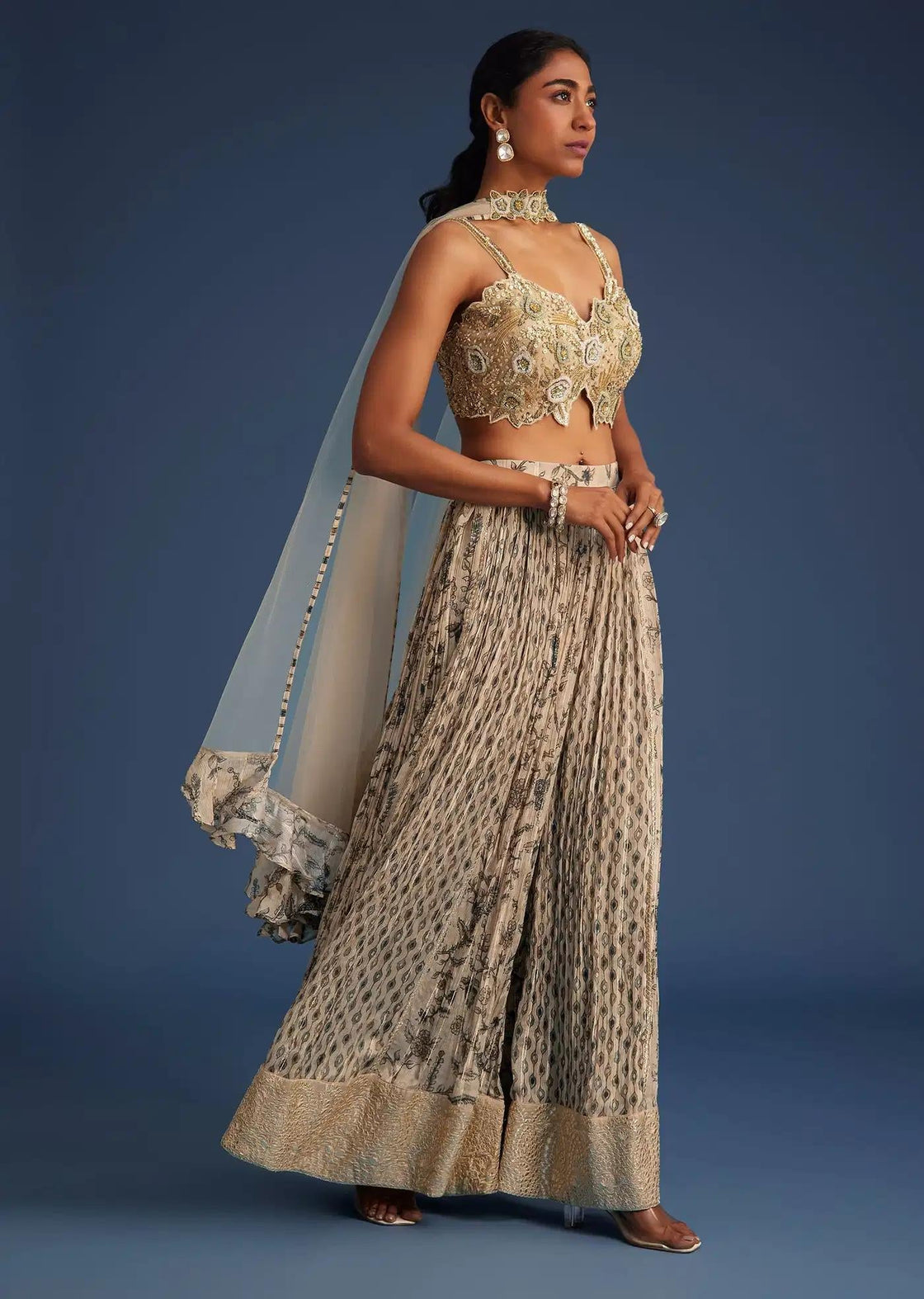 Chinon Palazzo Outfit With Embroidered Crop Top In Beige Net