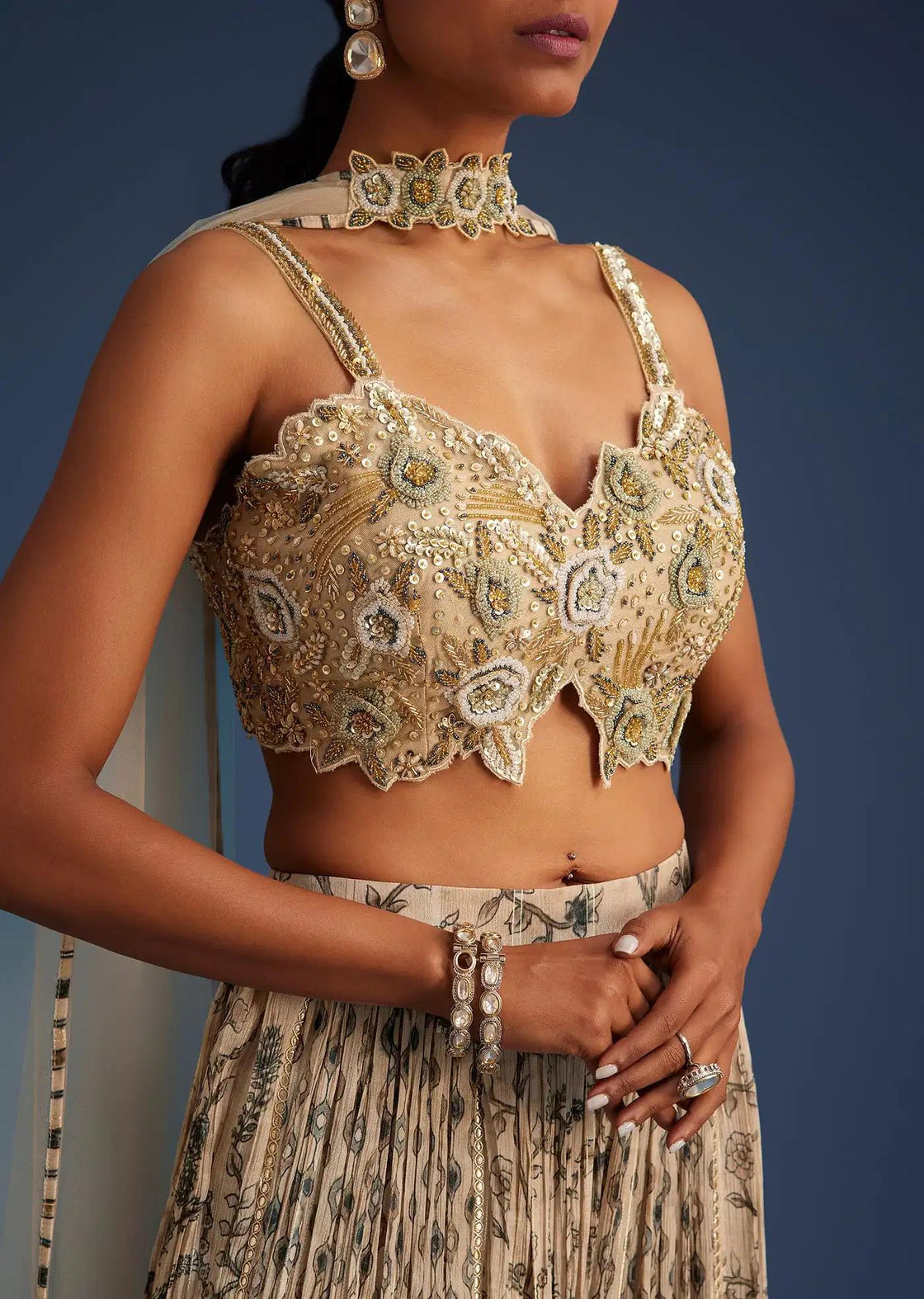Chinon Palazzo Outfit With Embroidered Crop Top In Beige Net