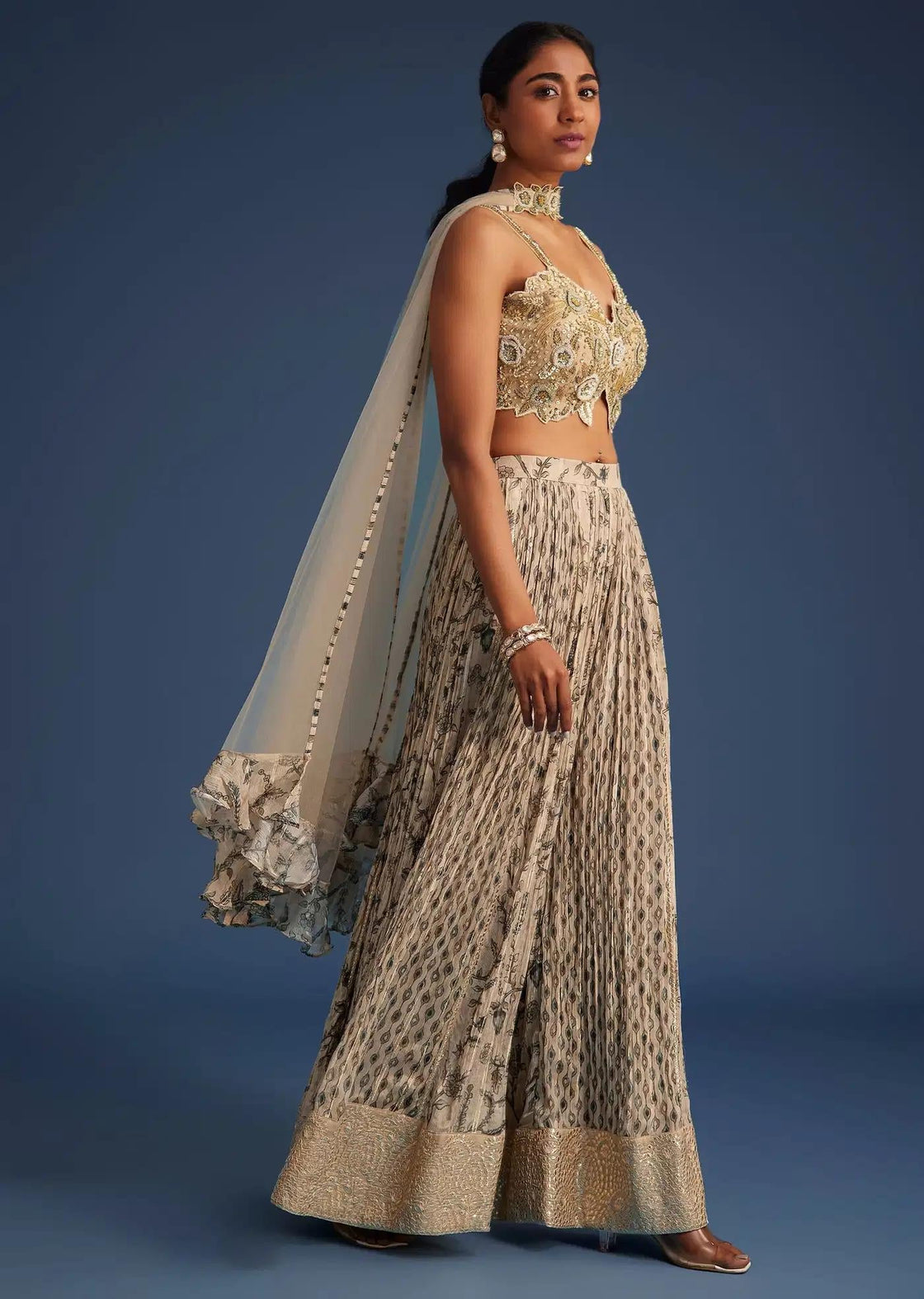 Chinon Palazzo Outfit With Embroidered Crop Top In Beige Net