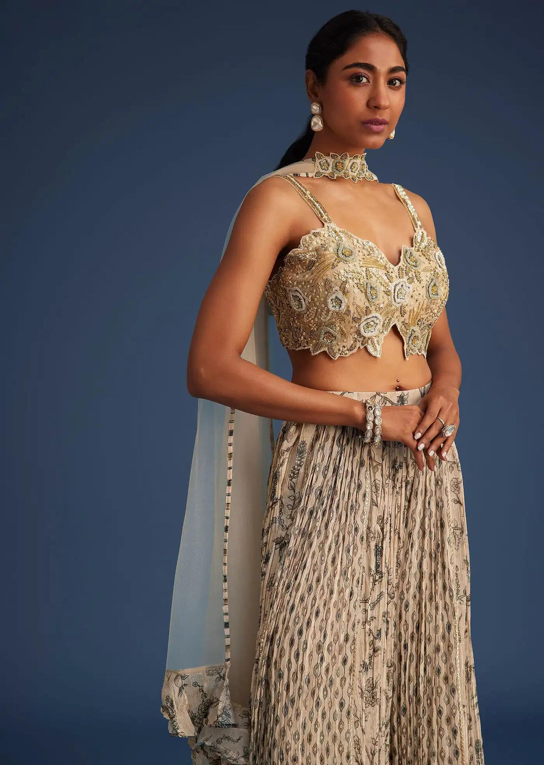 Chinon Palazzo Outfit With Embroidered Crop Top In Beige Net