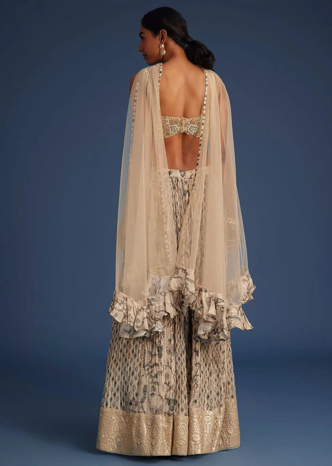 Chinon Palazzo Outfit With Embroidered Crop Top In Beige Net