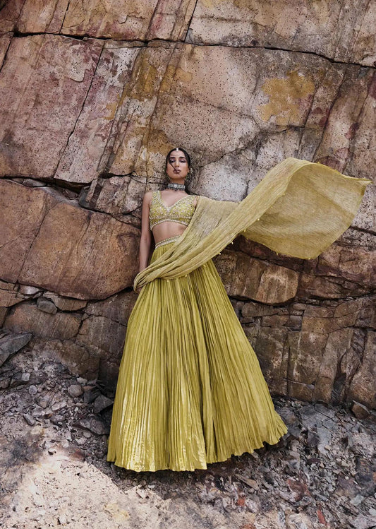Citrus Green Ruched Lehenga Skirt Featuring Blouse Crush Drape