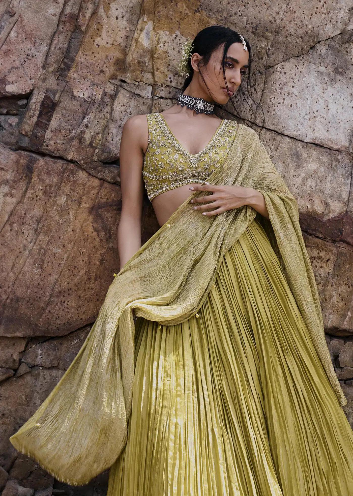 Citrus Green Ruched Lehenga Skirt Featuring Blouse Crush Drape