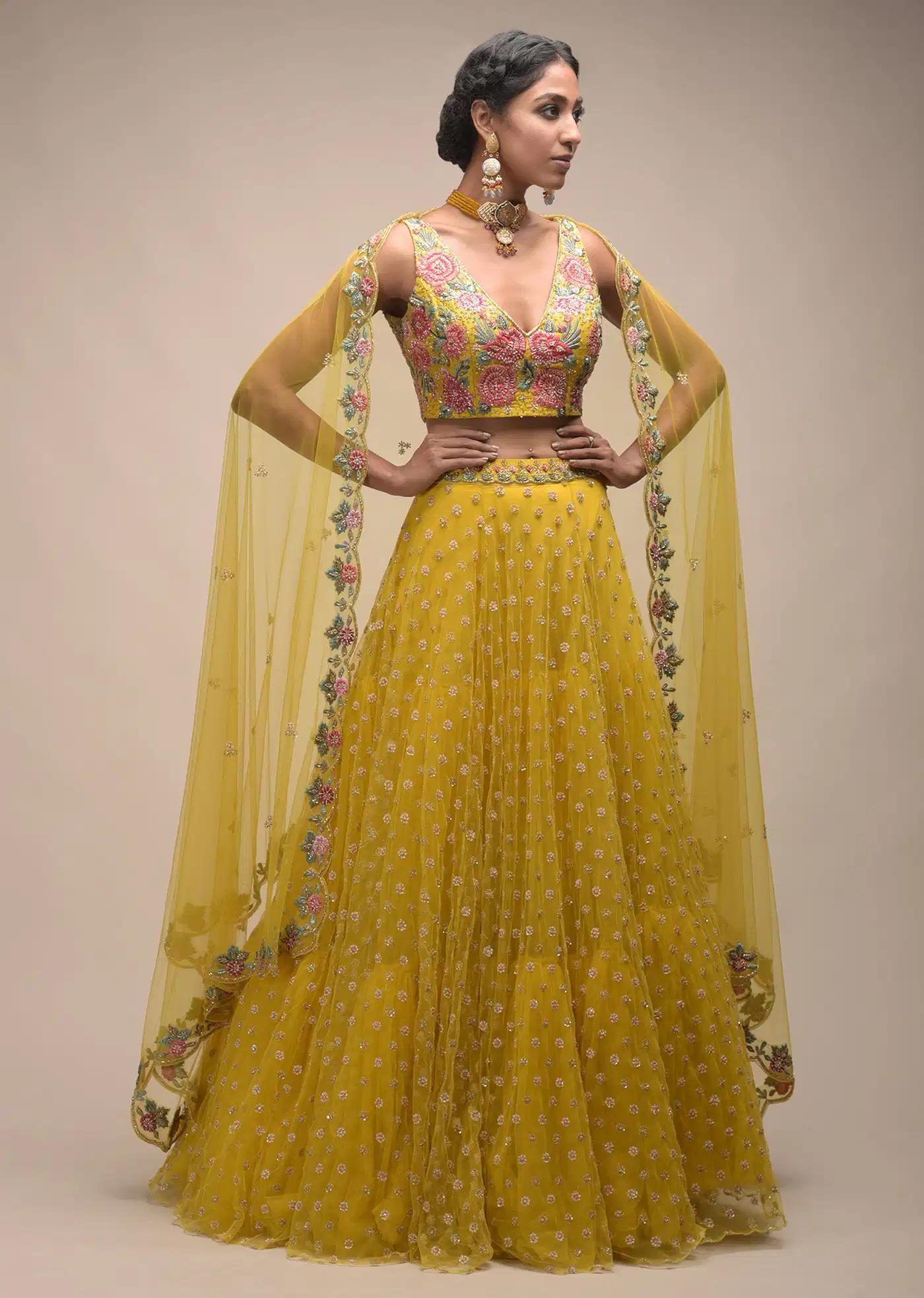 Citrus Lehenga Skirt Crop Top Featuring Resham Handcrafted Spring Blossoms
