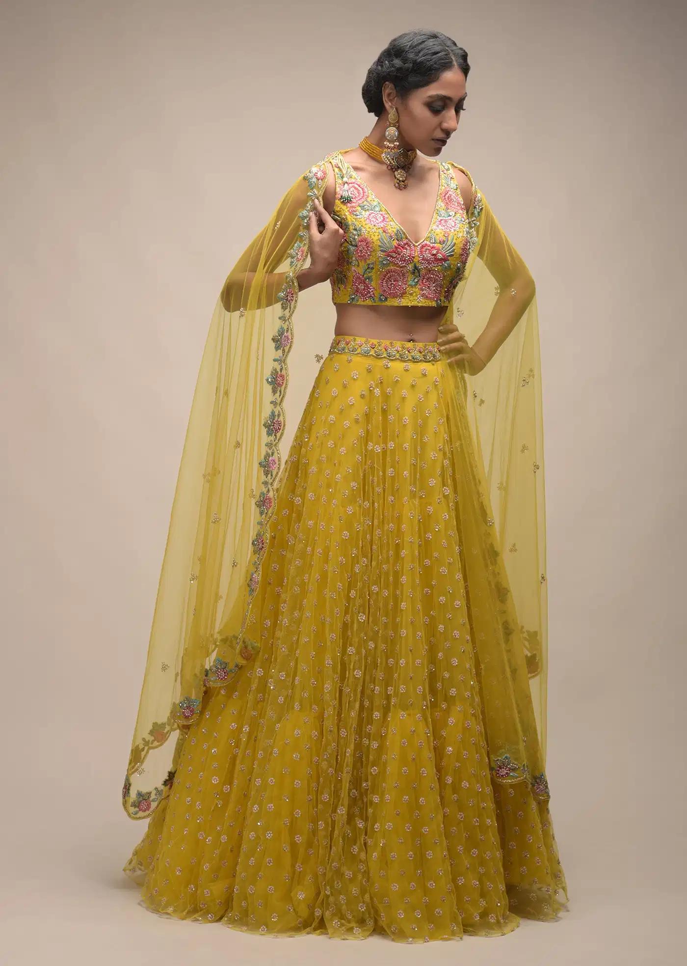 Citrus Lehenga Skirt Crop Top Featuring Resham Handcrafted Spring Blossoms