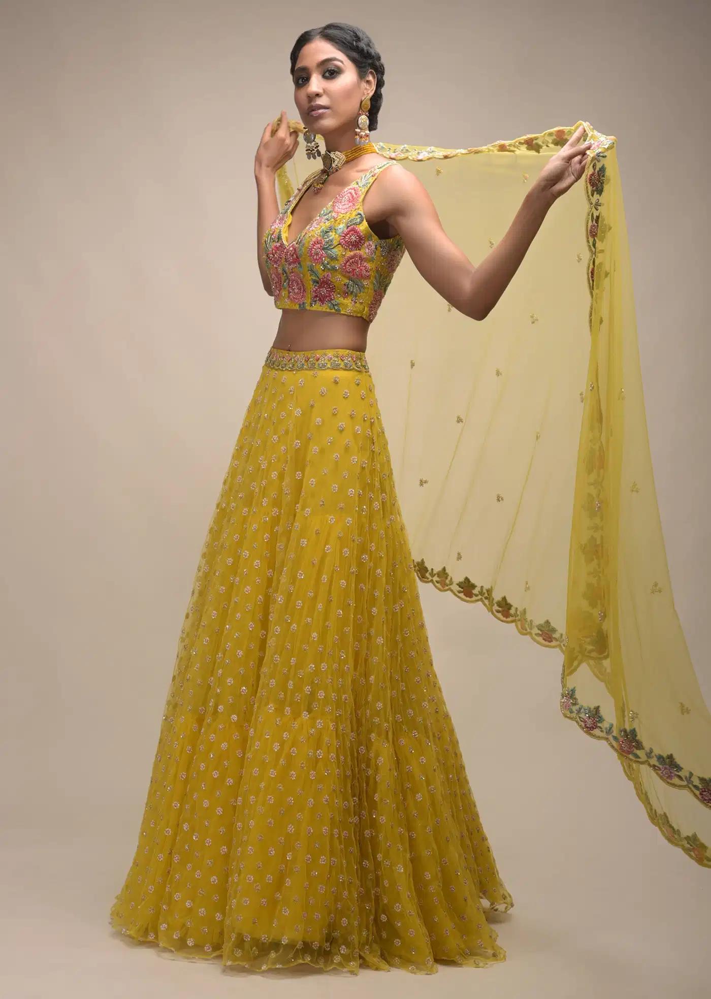 Citrus Lehenga Skirt Crop Top Featuring Resham Handcrafted Spring Blossoms
