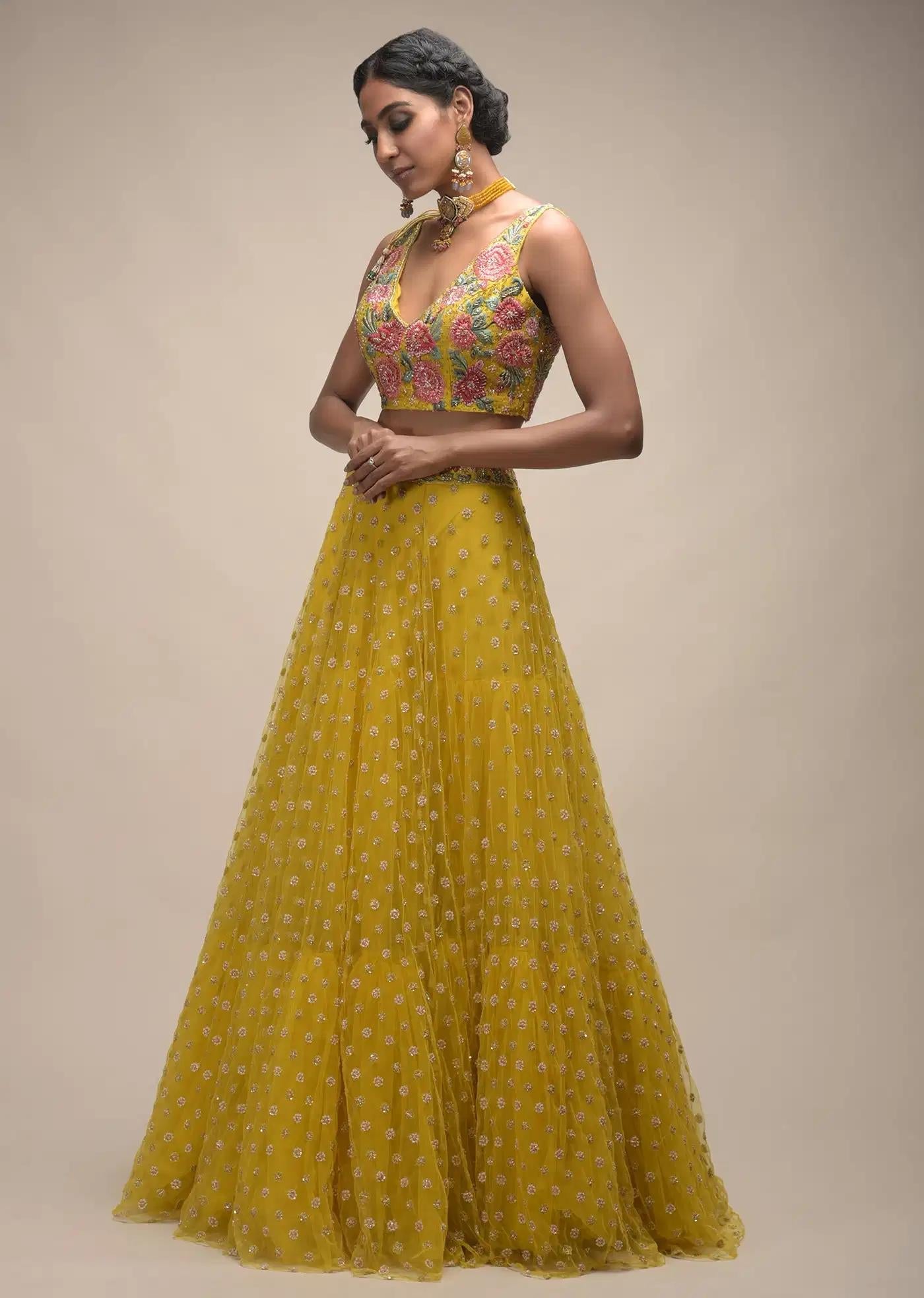 Citrus Lehenga Skirt Crop Top Featuring Resham Handcrafted Spring Blossoms