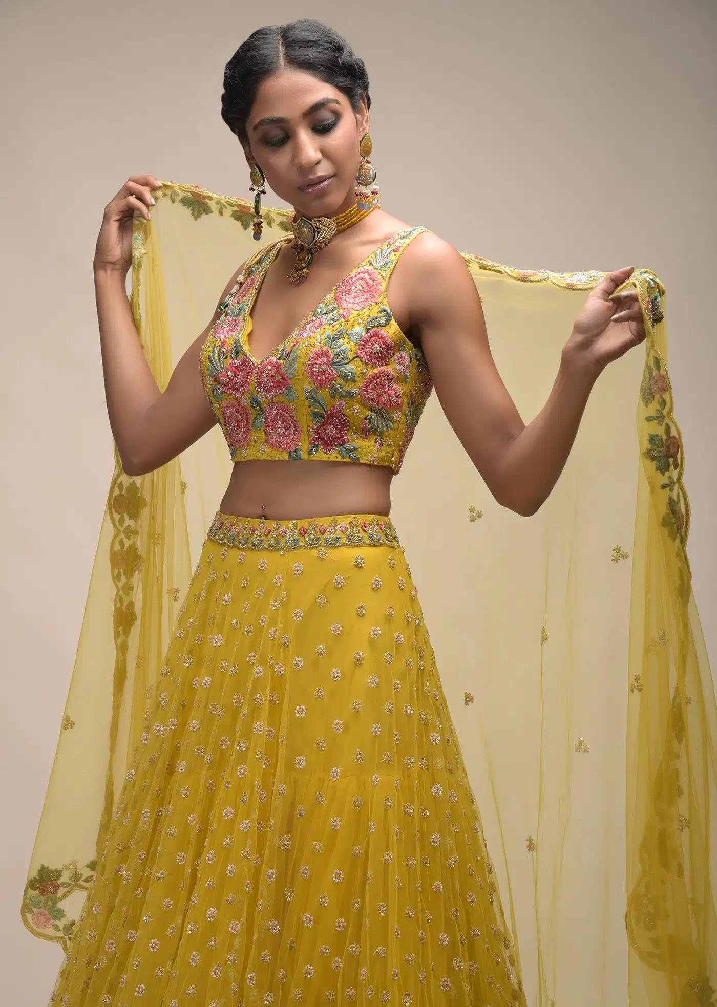 Citrus Lehenga Skirt Crop Top Featuring Resham Handcrafted Spring Blossoms