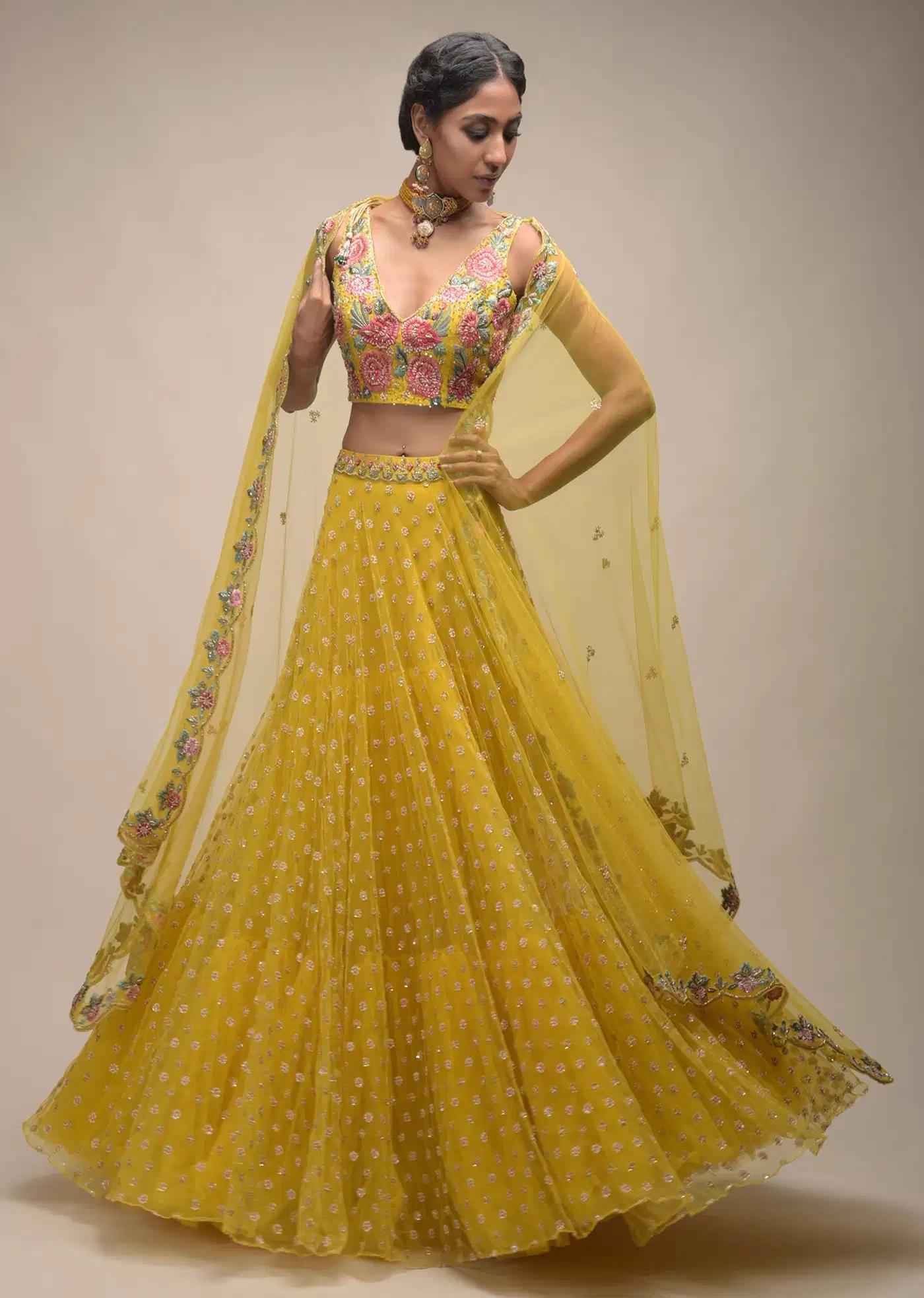 Citrus Lehenga Skirt Crop Top Featuring Resham Handcrafted Spring Blossoms