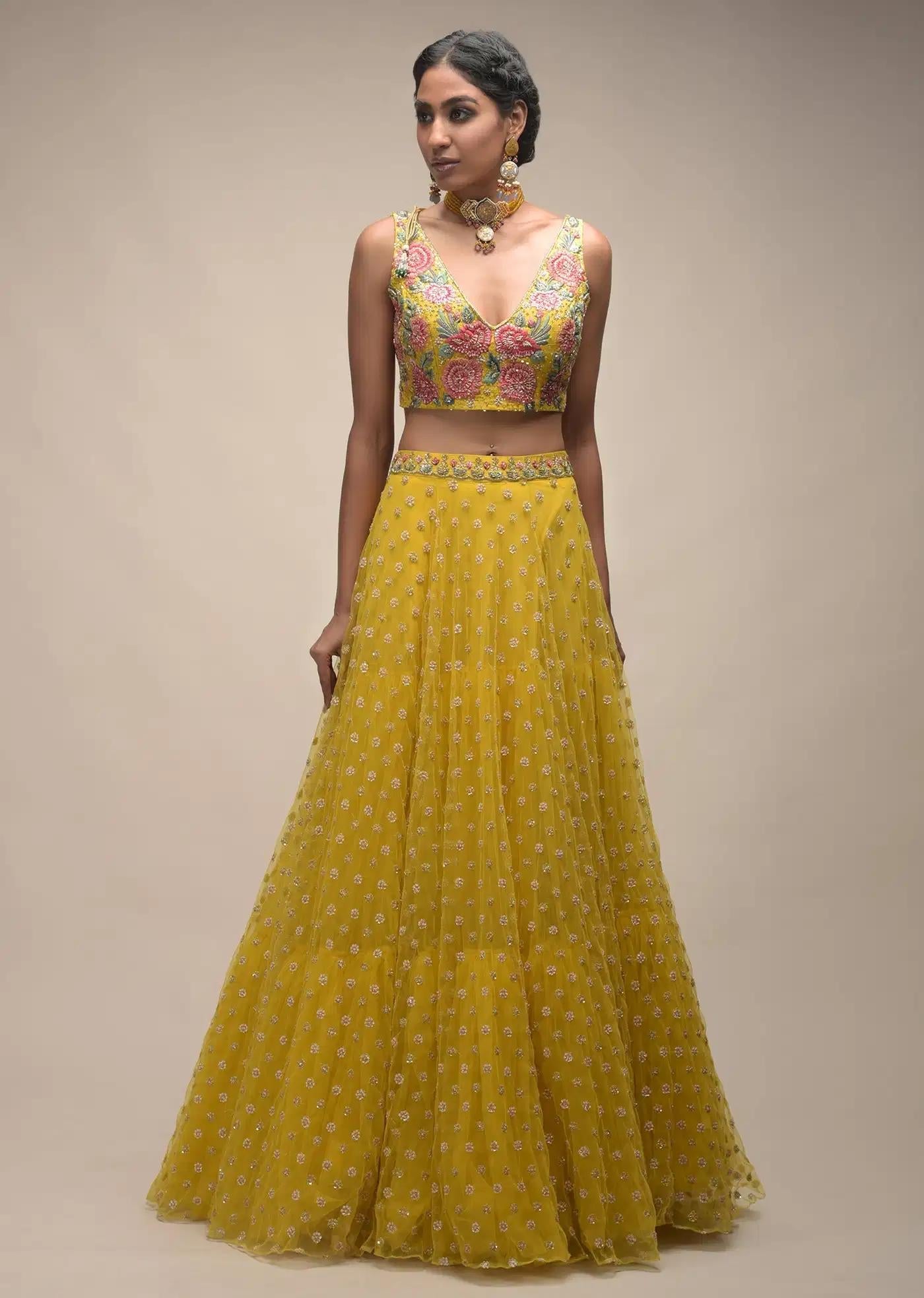Citrus Lehenga Skirt Crop Top Featuring Resham Handcrafted Spring Blossoms