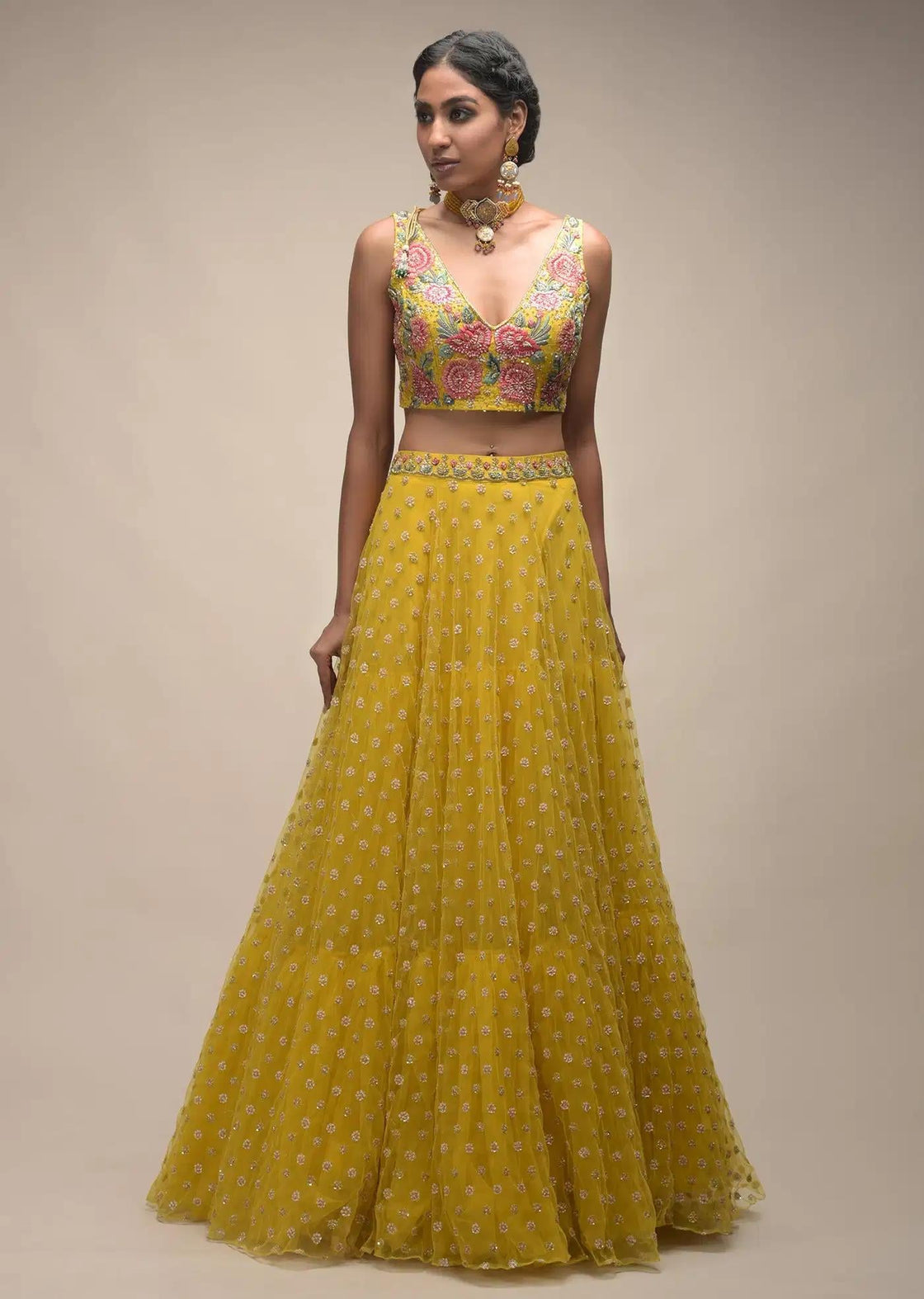 Citrus Lehenga Skirt Crop Top Featuring Resham Handcrafted Spring Blossoms