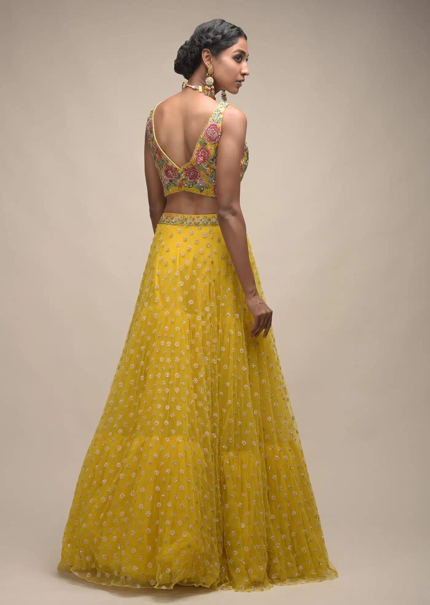 Citrus Lehenga Skirt Crop Top Featuring Resham Handcrafted Spring Blossoms