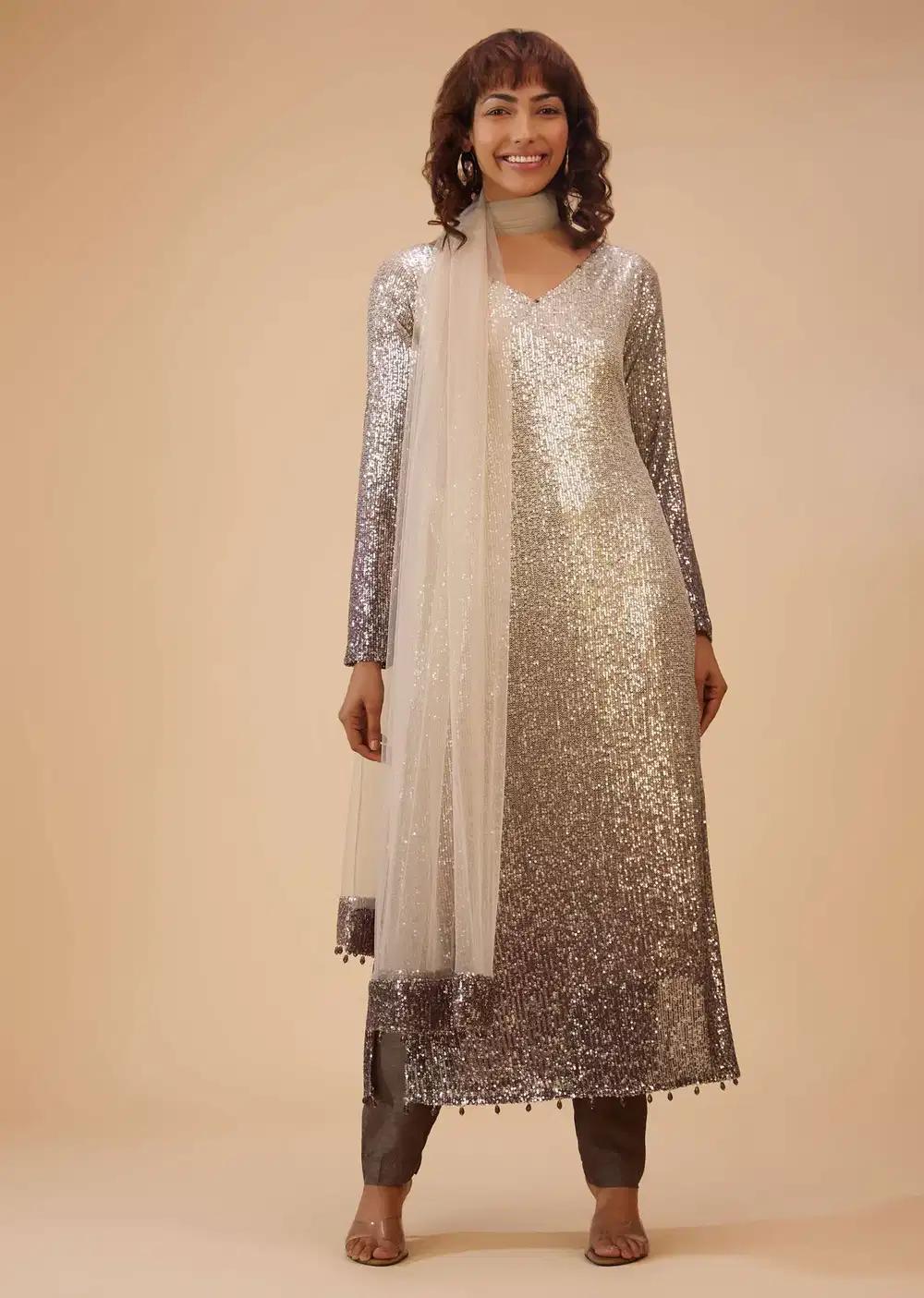 Coffee Brown And Silver Gradient Shade Pant Suit Ensemble In Sequins