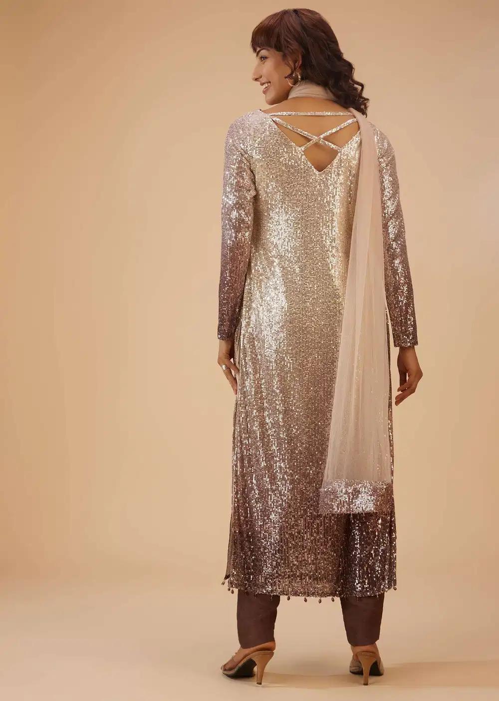 Coffee Brown And Silver Gradient Shade Pant Suit Ensemble In Sequins