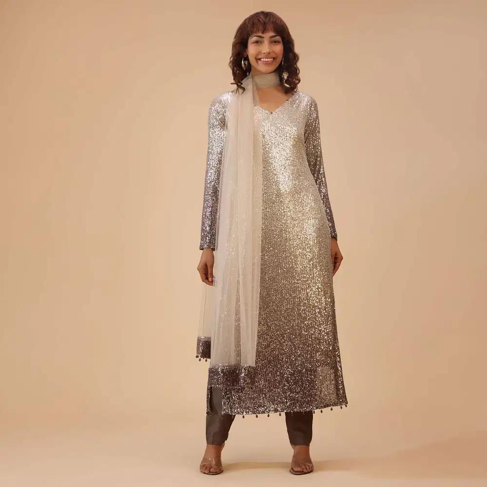 Coffee Brown And Silver Gradient Shade Pant Suit Ensemble In Sequins