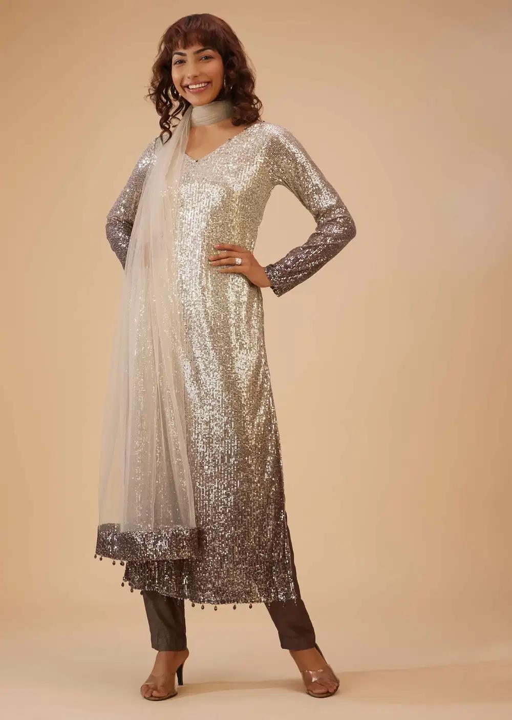 Coffee Brown And Silver Gradient Shade Pant Suit Ensemble In Sequins