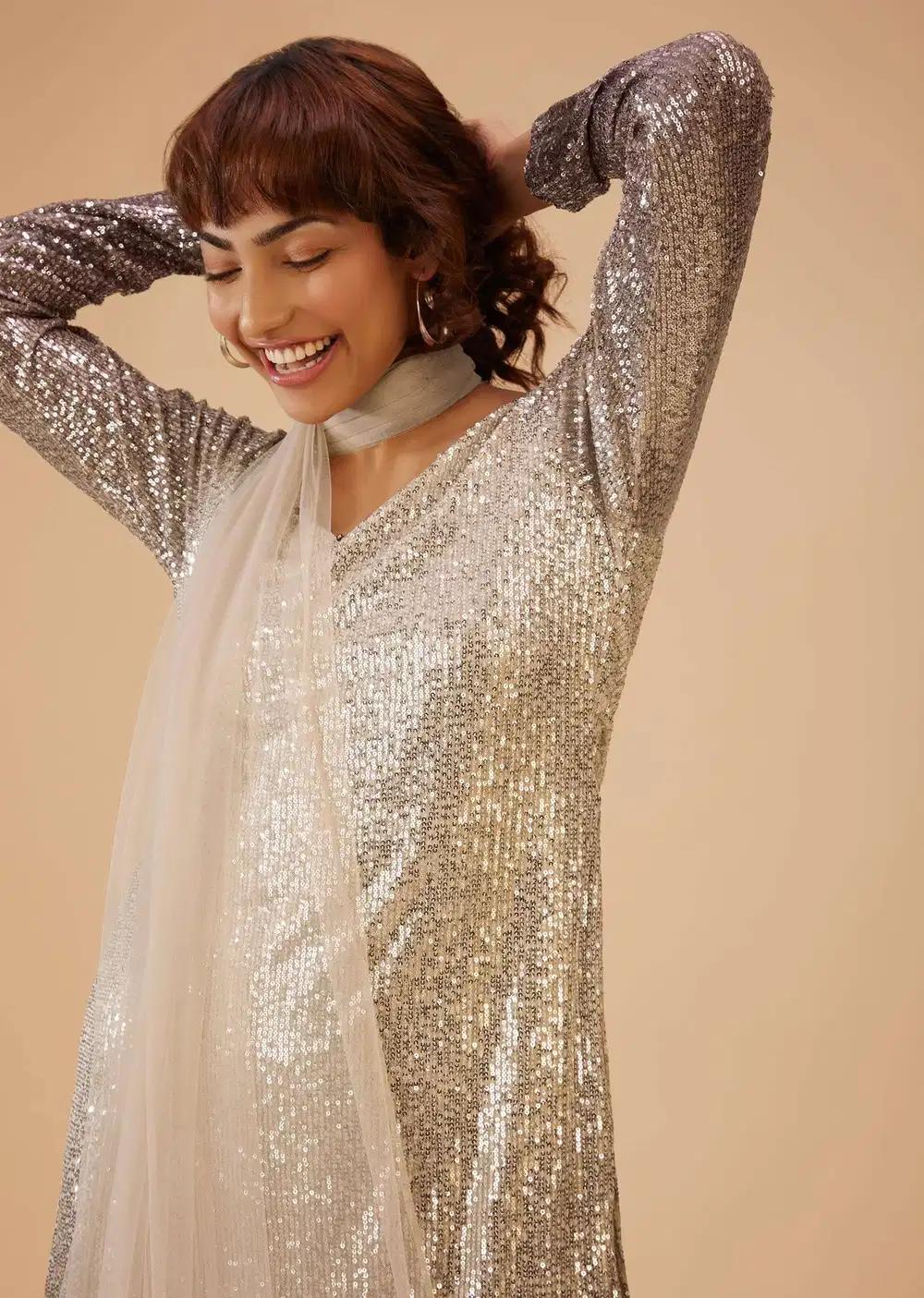 Coffee Brown And Silver Gradient Shade Pant Suit Ensemble In Sequins