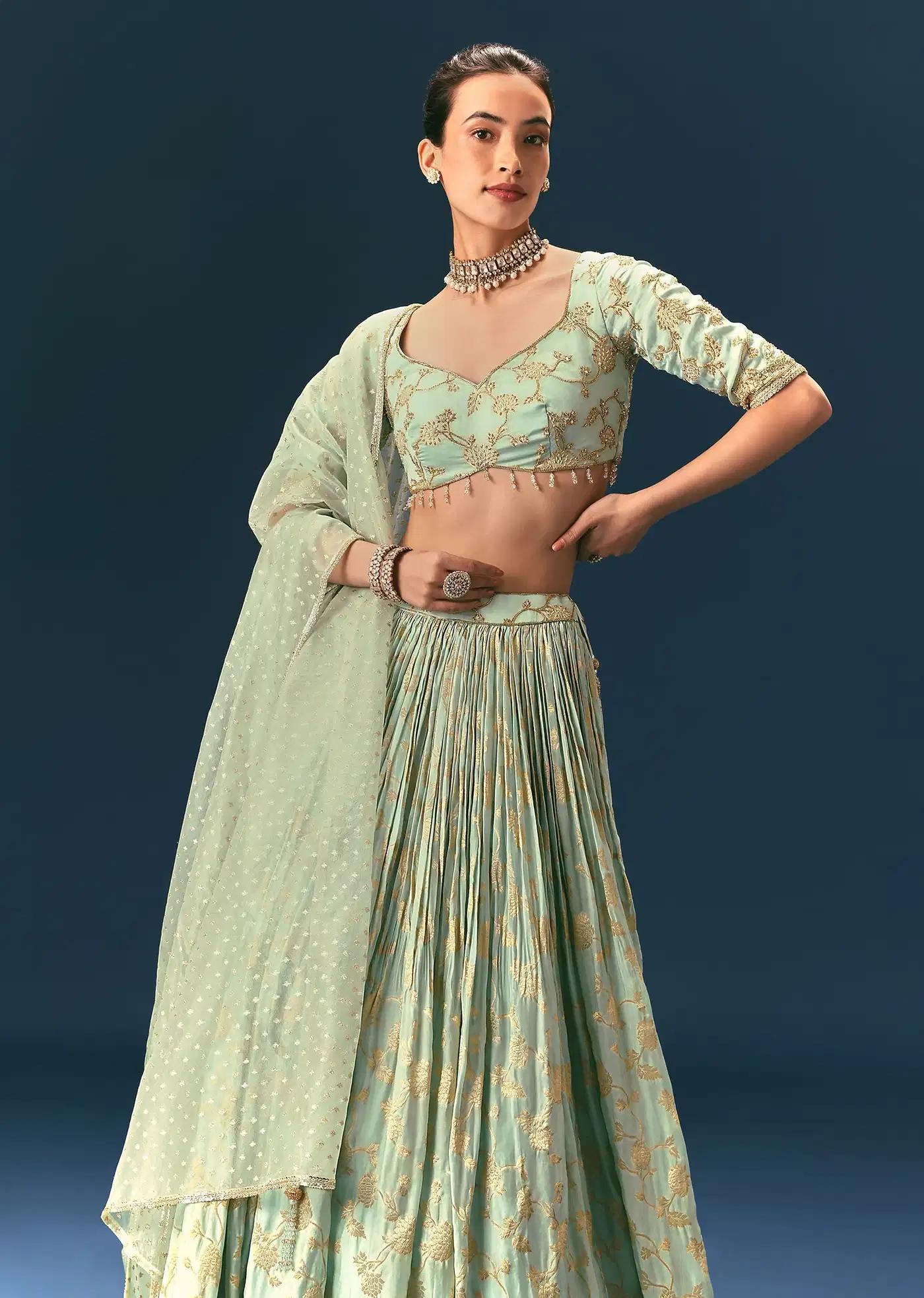 Coral Green Hand Embellished Lehenga Skirt Ensemble In Organza Satin