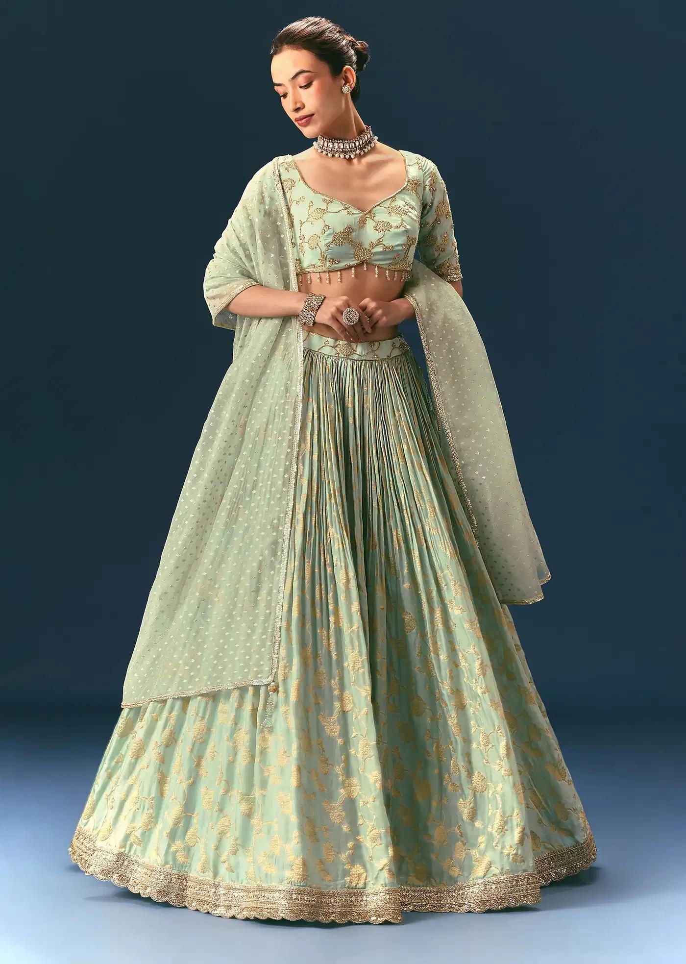 Coral Green Hand Embellished Lehenga Skirt Ensemble In Organza Satin