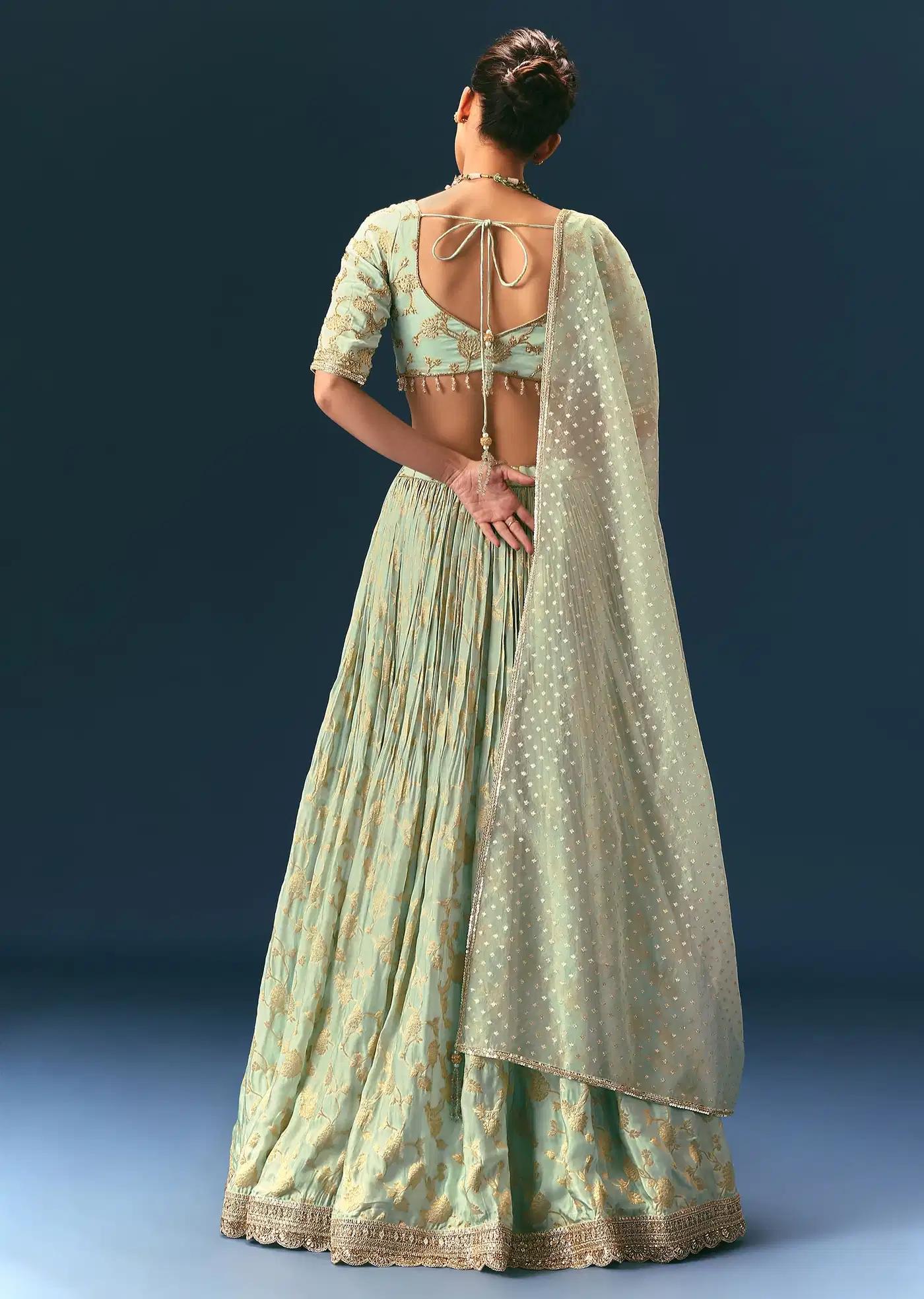 Coral Green Hand Embellished Lehenga Skirt Ensemble In Organza Satin