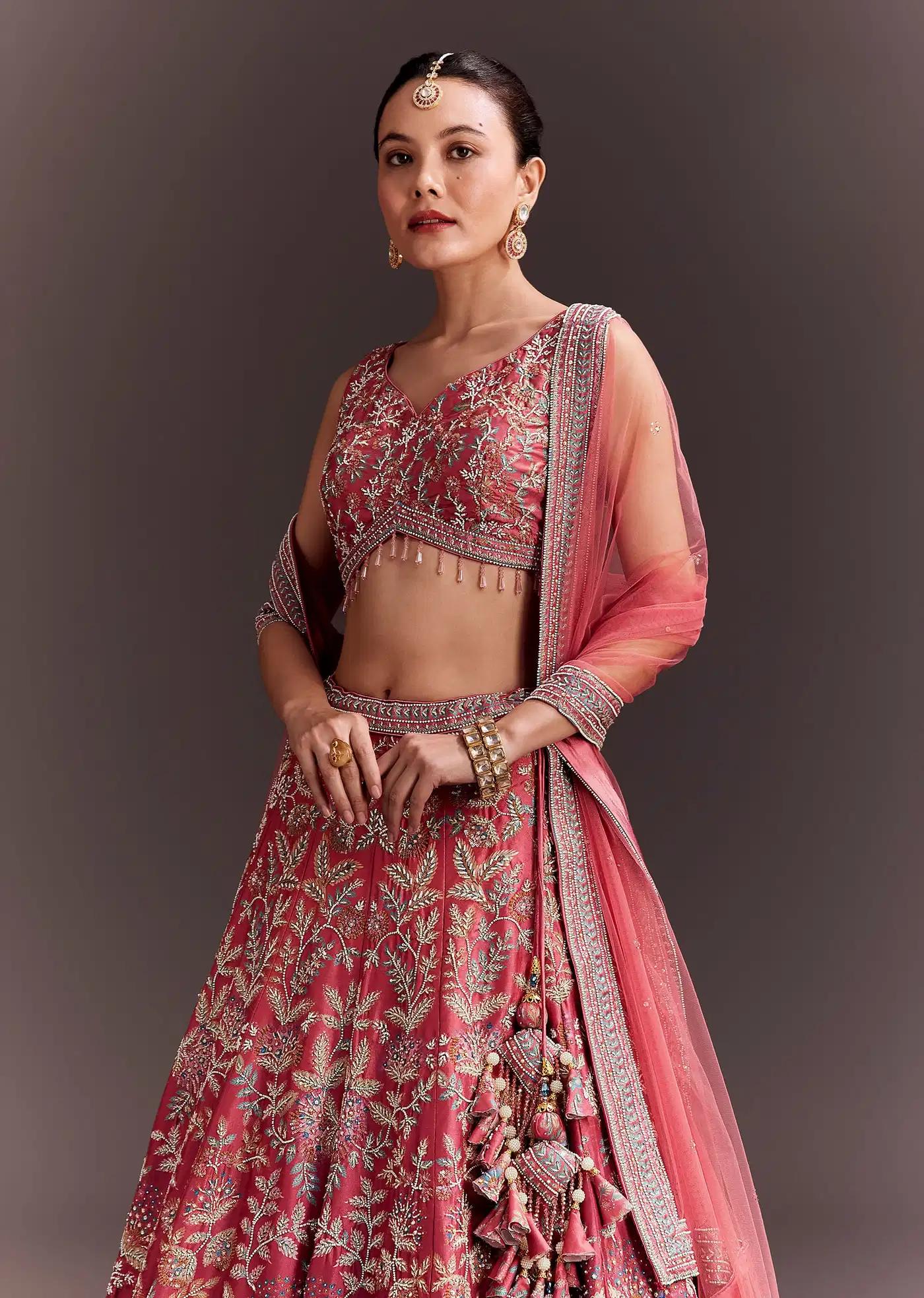 Coral Pink Handcrafted Lehenga Skirt Ensemble Featuring Net Drape