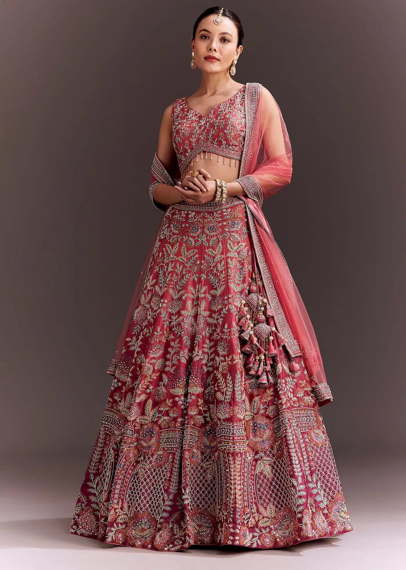 Coral Pink Handcrafted Lehenga Skirt Ensemble Featuring Net Drape
