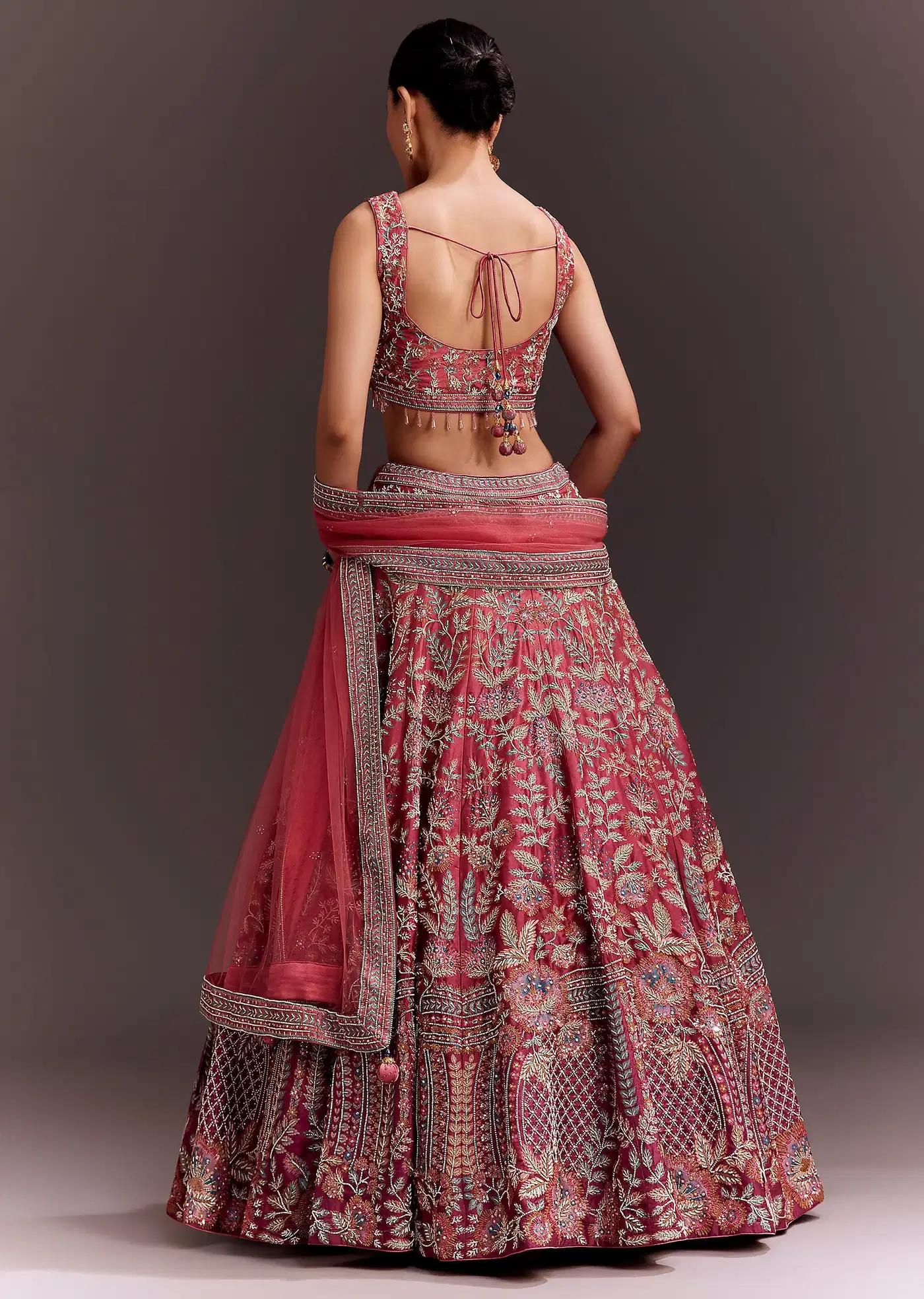 Coral Pink Handcrafted Lehenga Skirt Ensemble Featuring Net Drape