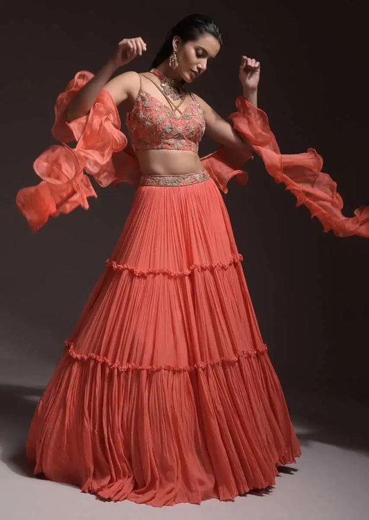 Coral Tiered Skirt Crop Top Featuring Cutdana Embellished Floral Blossoms Ruffle Drape