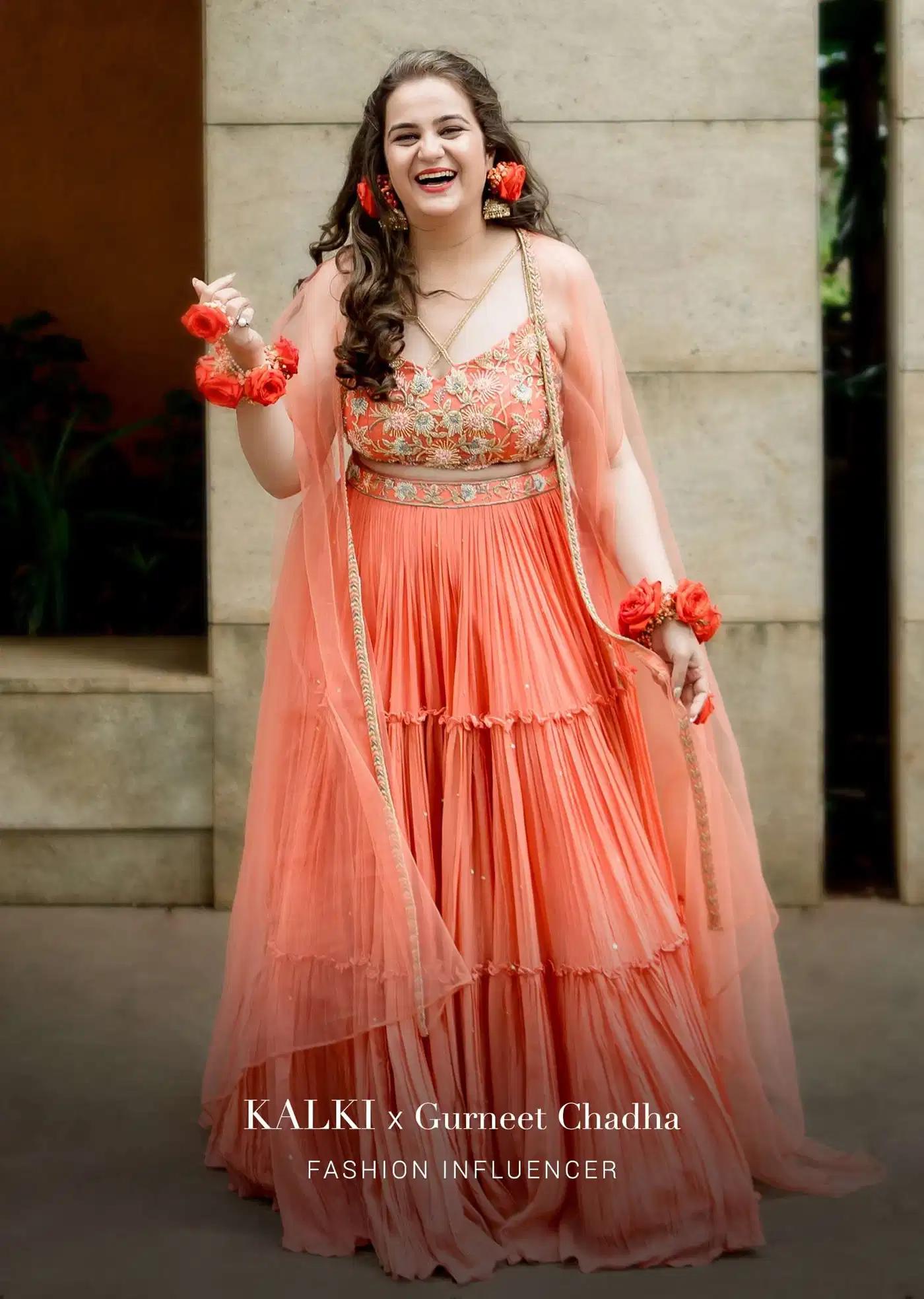 Coral Tiered Skirt Crop Top Featuring Cutdana Embellished Floral Blossoms Ruffle Drape