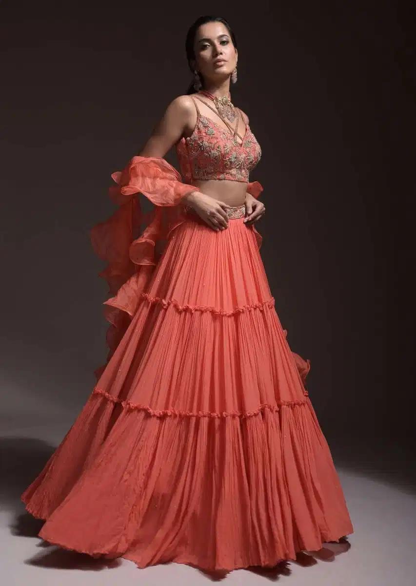 Coral Tiered Skirt Crop Top Featuring Cutdana Embellished Floral Blossoms Ruffle Drape