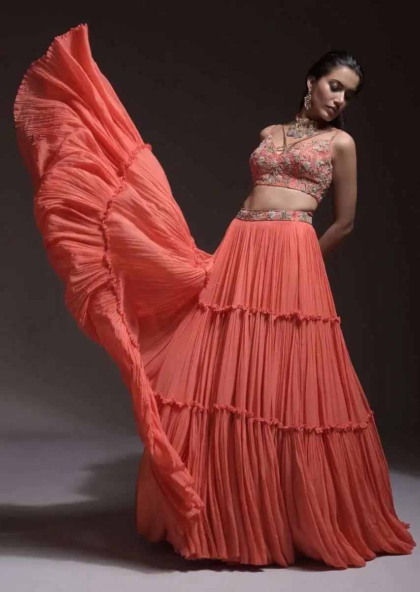 Coral Tiered Skirt Crop Top Featuring Cutdana Embellished Floral Blossoms Ruffle Drape