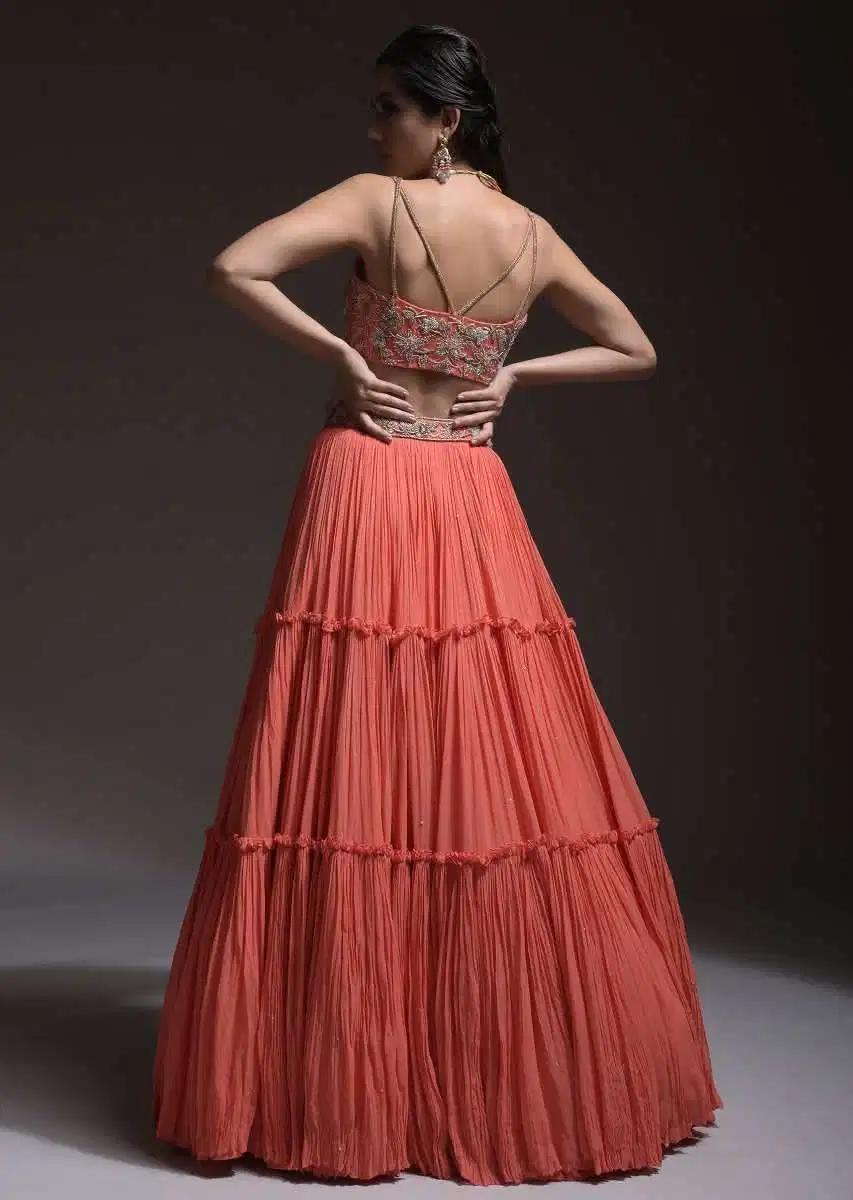 Coral Tiered Skirt Crop Top Featuring Cutdana Embellished Floral Blossoms Ruffle Drape