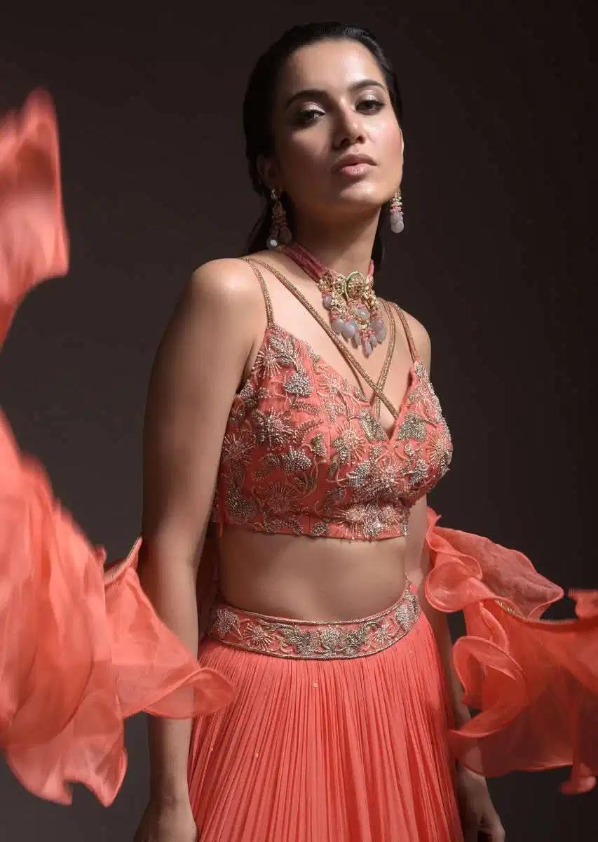Coral Tiered Skirt Crop Top Featuring Cutdana Embellished Floral Blossoms Ruffle Drape