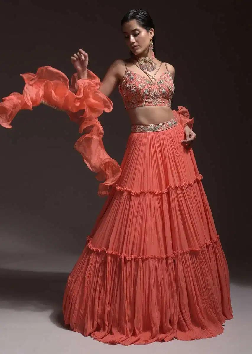 Coral Tiered Skirt Crop Top Featuring Cutdana Embellished Floral Blossoms Ruffle Drape