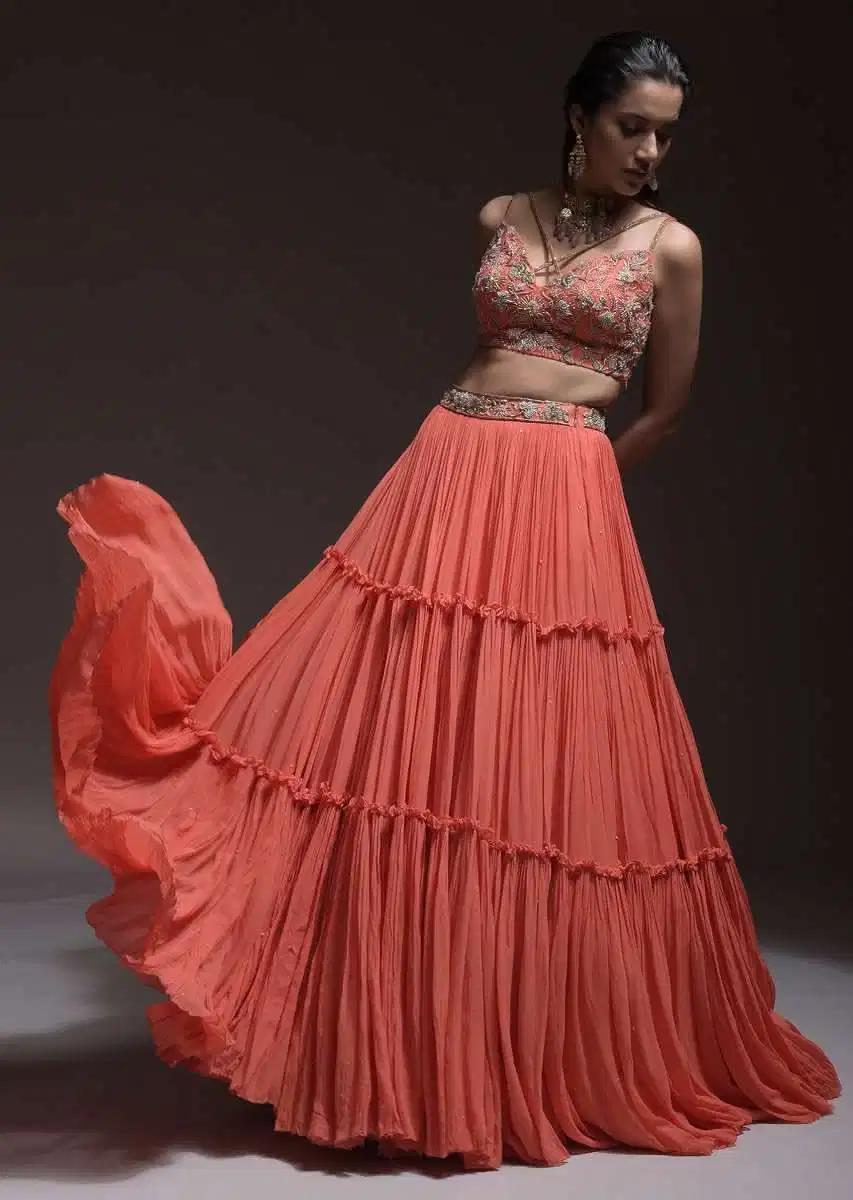 Coral Tiered Skirt Crop Top Featuring Cutdana Embellished Floral Blossoms Ruffle Drape