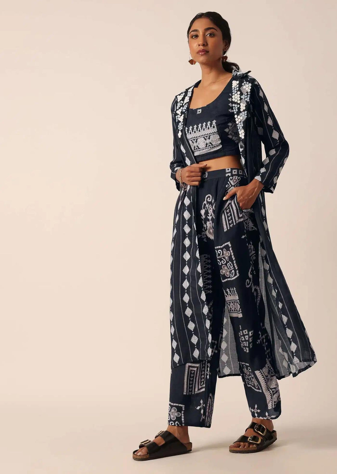 Cotton Pant Set With Printed Long Jacket In Black