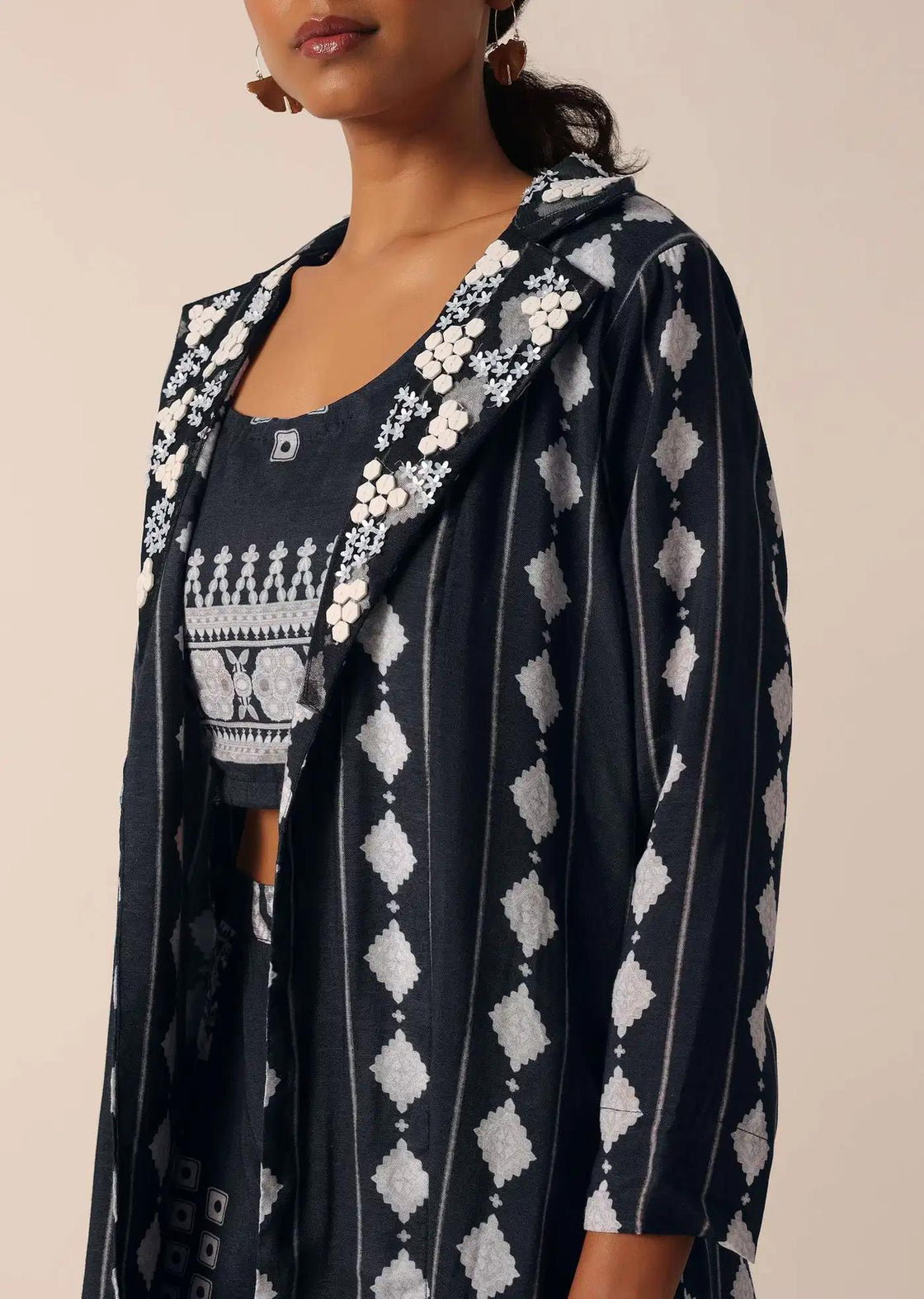 Cotton Pant Set With Printed Long Jacket In Black
