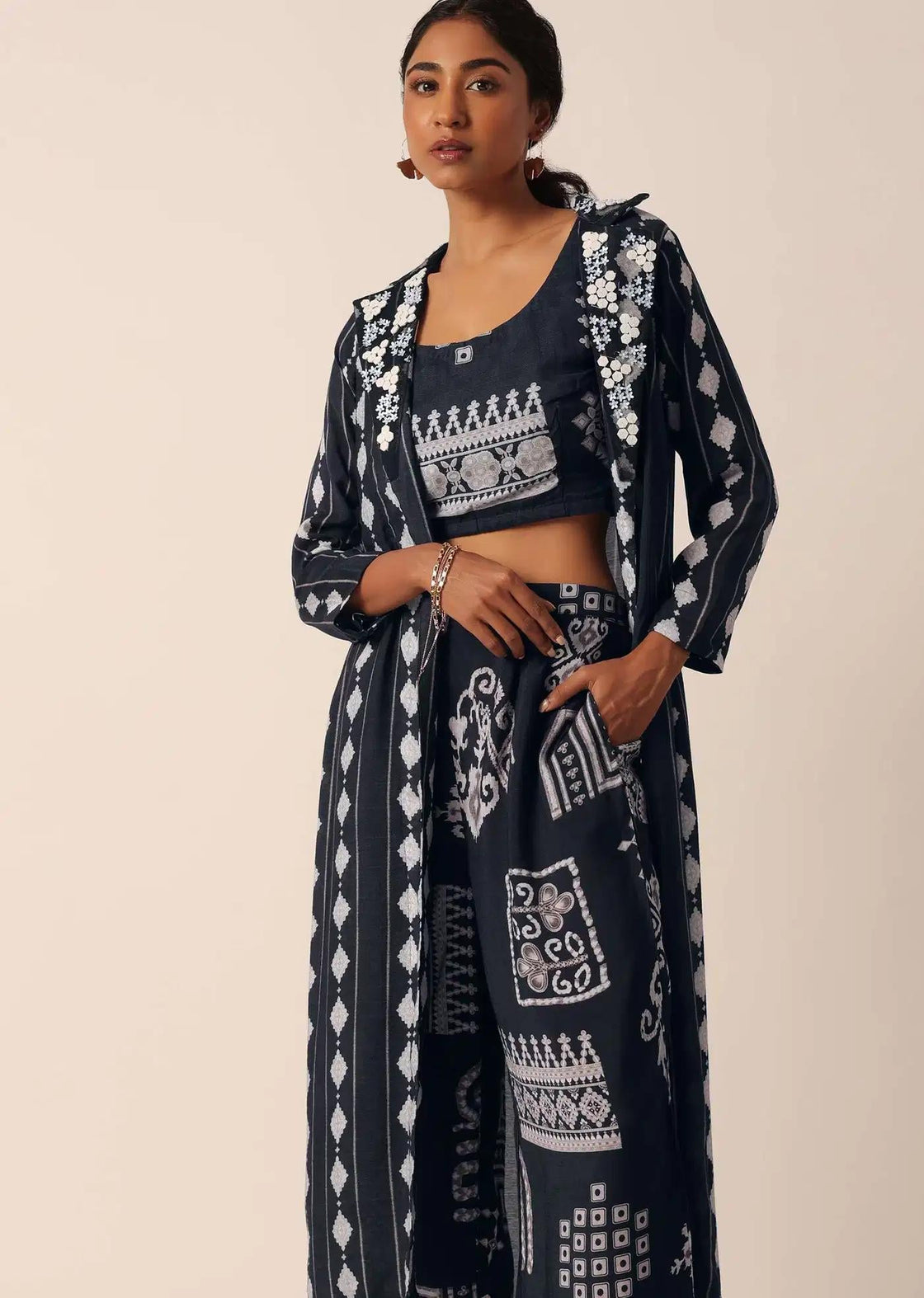 Cotton Pant Set With Printed Long Jacket In Black