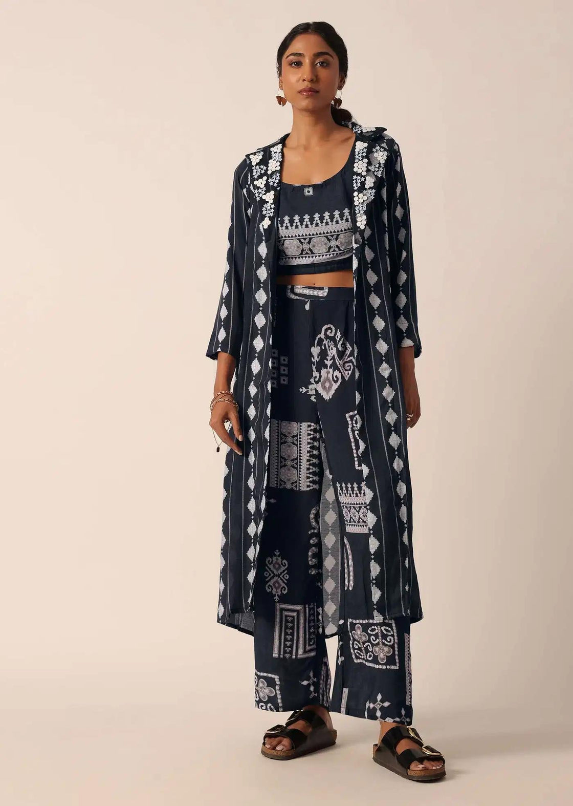 Cotton Pant Set With Printed Long Jacket In Black